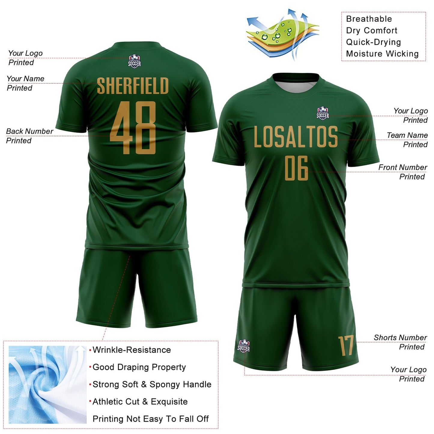 Custom Green Old Gold Sublimation Soccer Uniform Jersey view 4