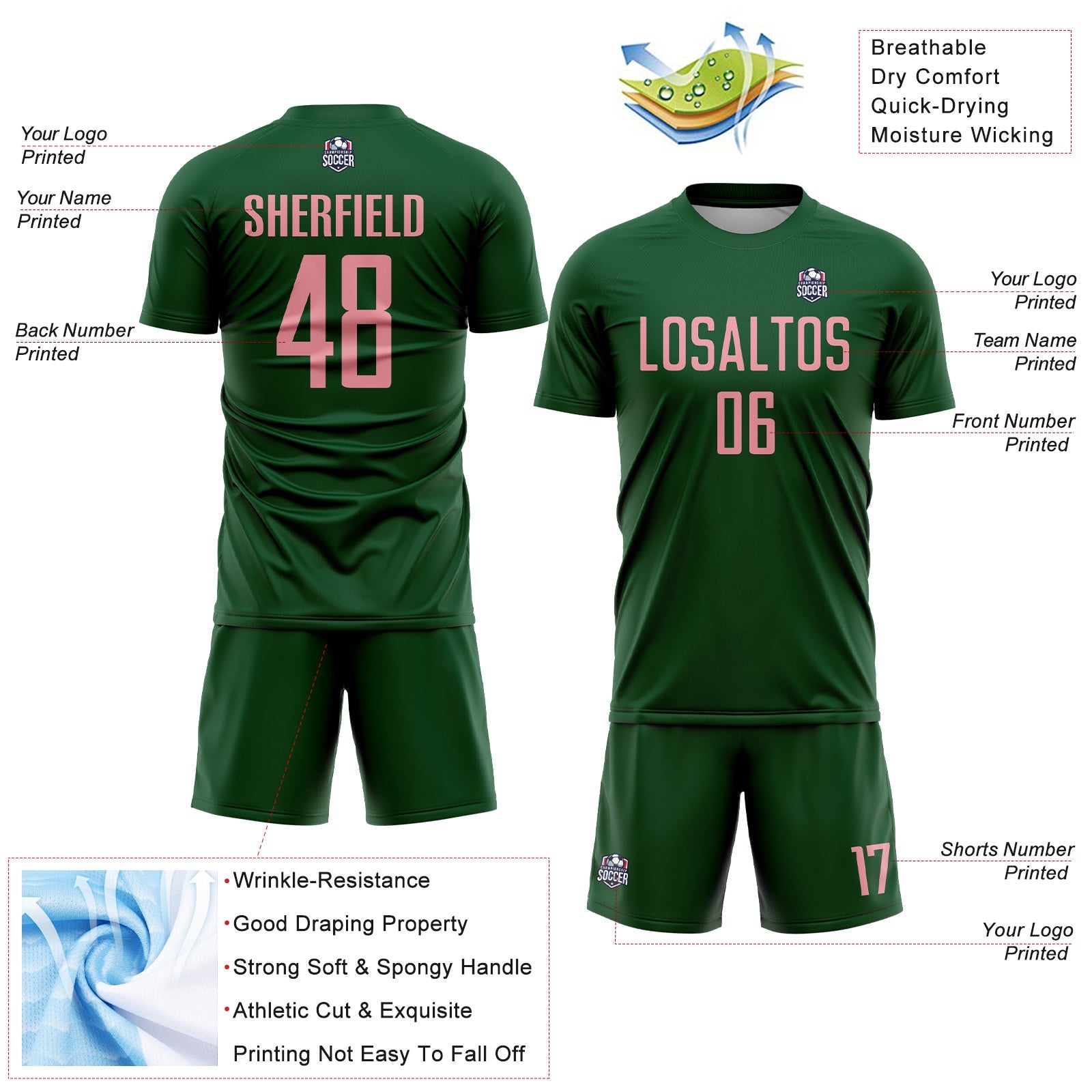 Custom Green Medium Pink Sublimation Soccer Uniform Jersey view 4