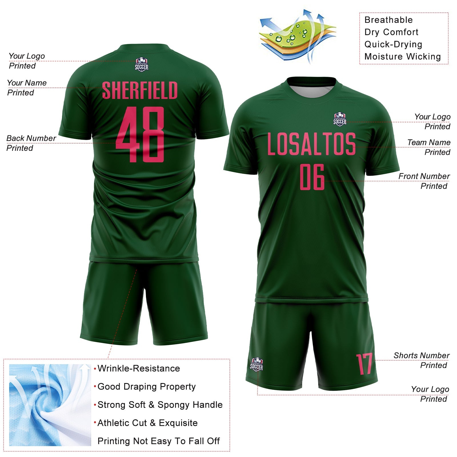 Custom Green Neon Pink Sublimation Soccer Uniform Jersey view 4
