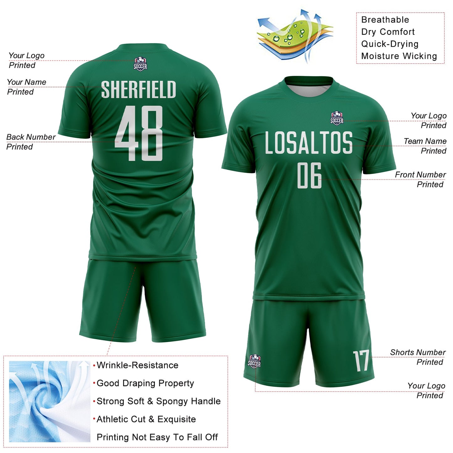 Custom Kelly Green White Sublimation Soccer Uniform Jersey view 4