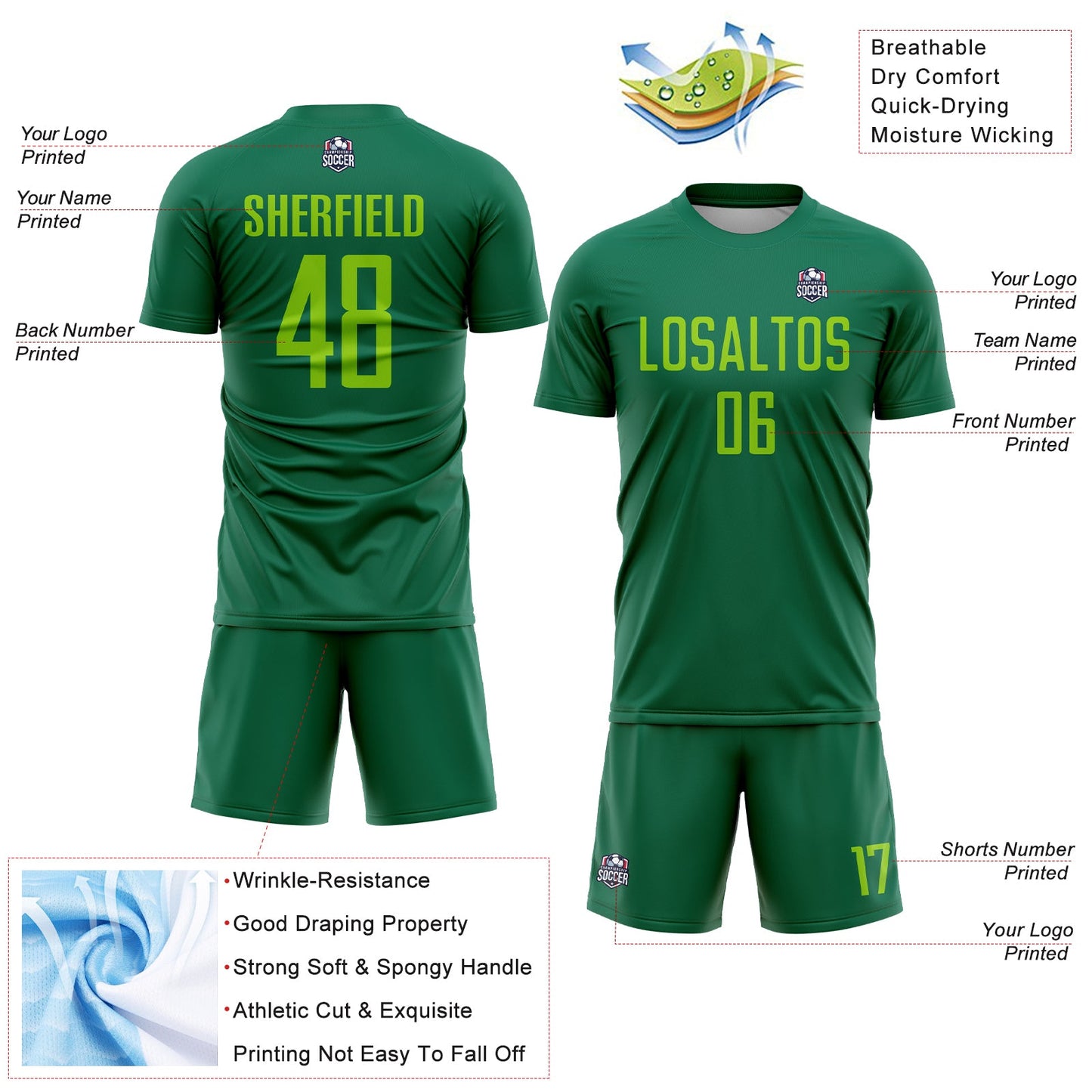 Custom Kelly Green Neon Green Sublimation Soccer Uniform Jersey view 4
