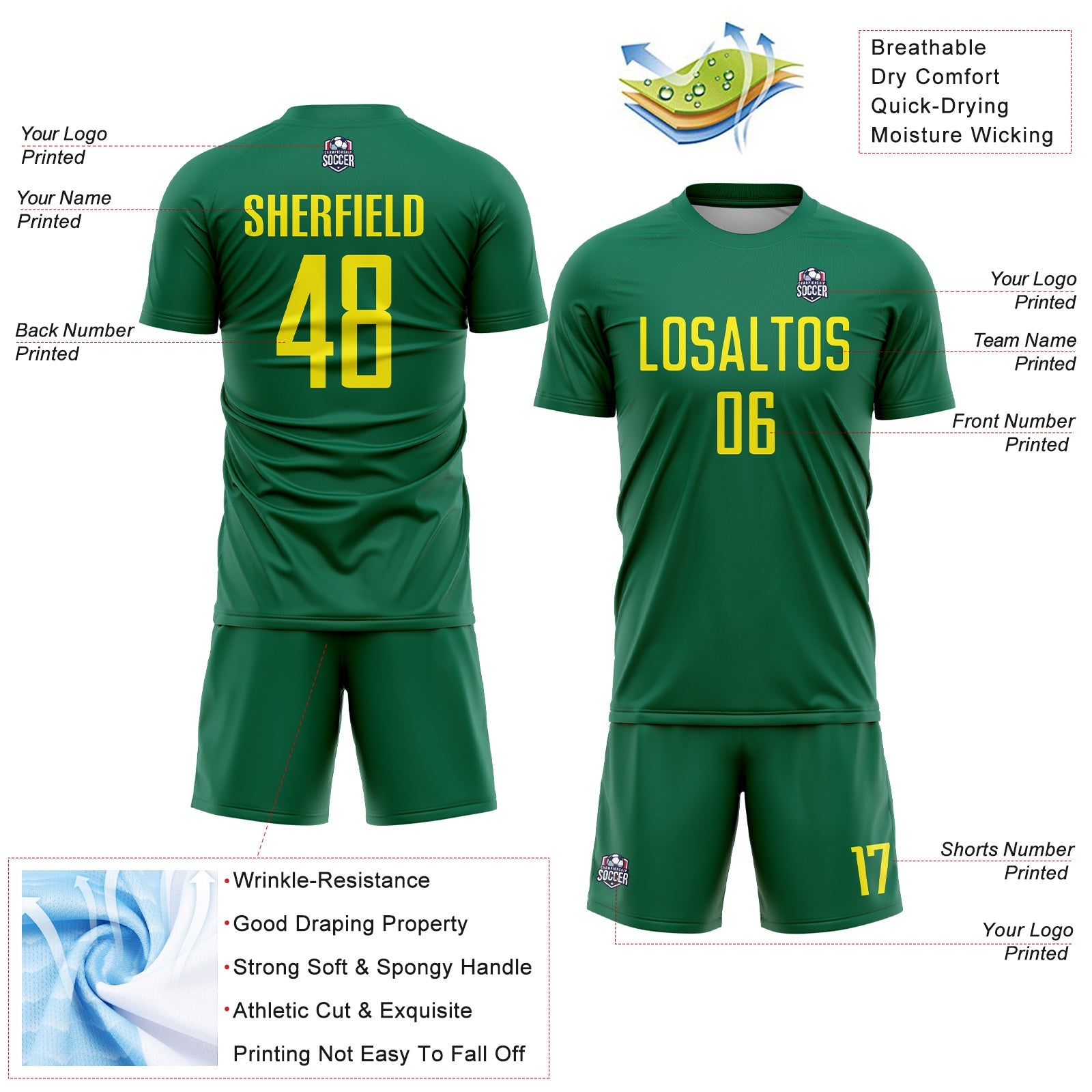 Custom Kelly Green Light Yellow Sublimation Soccer Uniform Jersey view 4