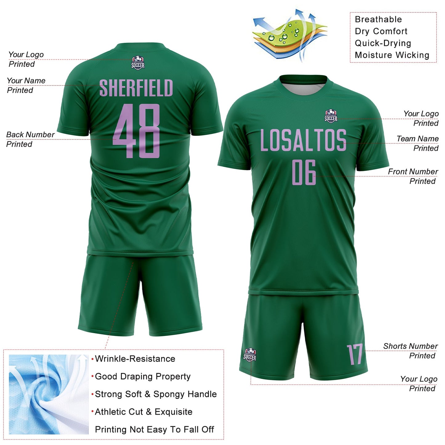 Custom Kelly Green Light Purple Sublimation Soccer Uniform Jersey view 4