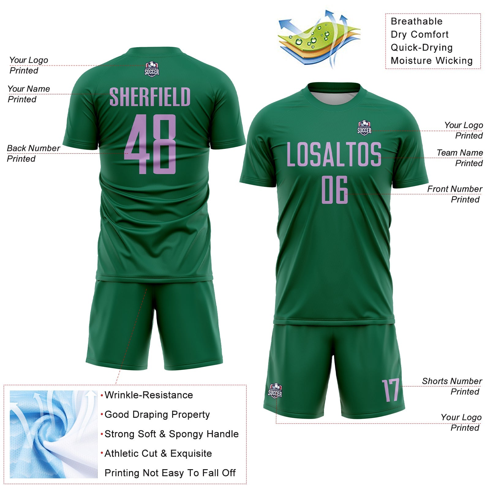 Custom Kelly Green Light Purple Sublimation Soccer Uniform Jersey view 4
