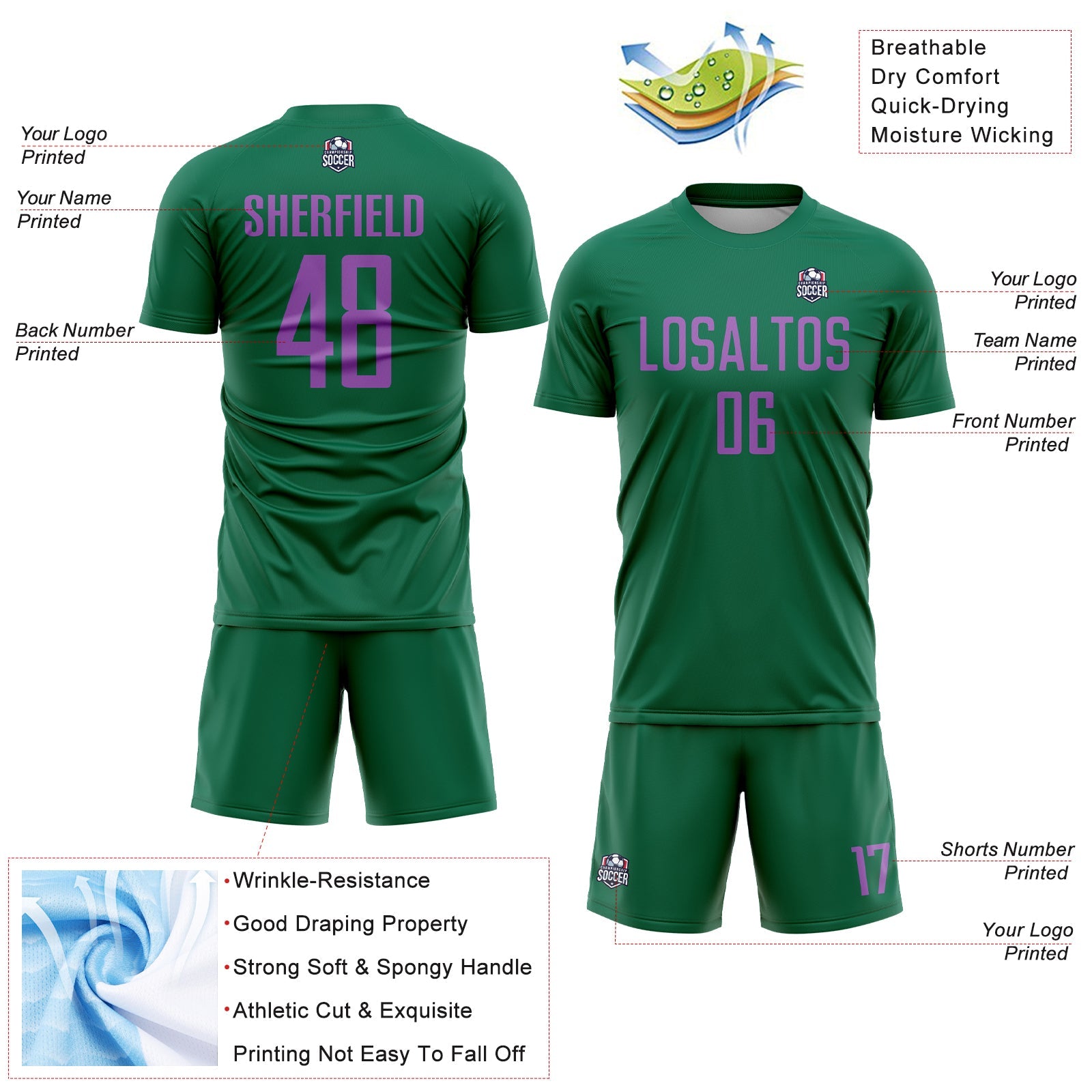 Custom Kelly Green Medium Purple Sublimation Soccer Uniform Jersey view 4