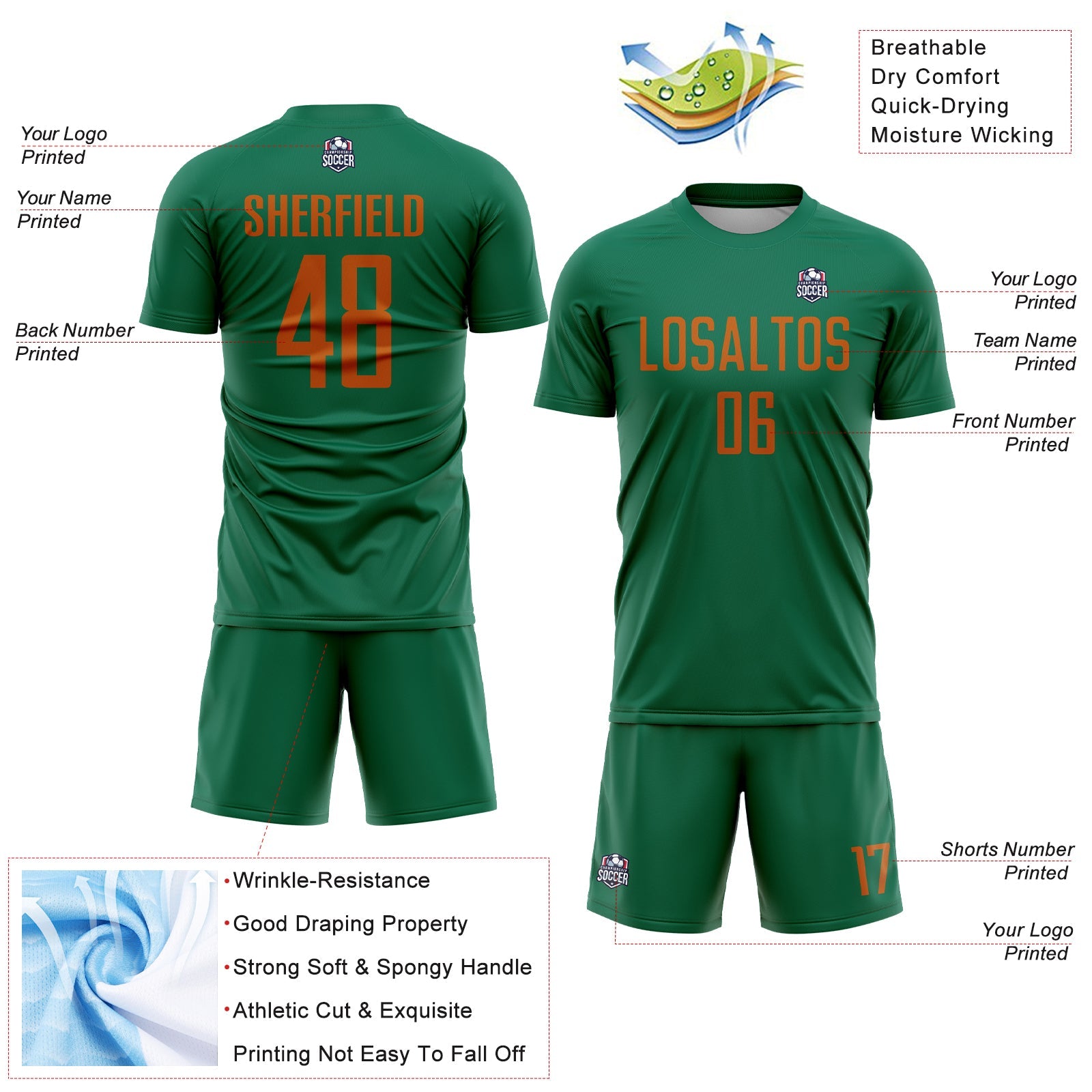 Custom Kelly Green Texas Orange Sublimation Soccer Uniform Jersey view 4