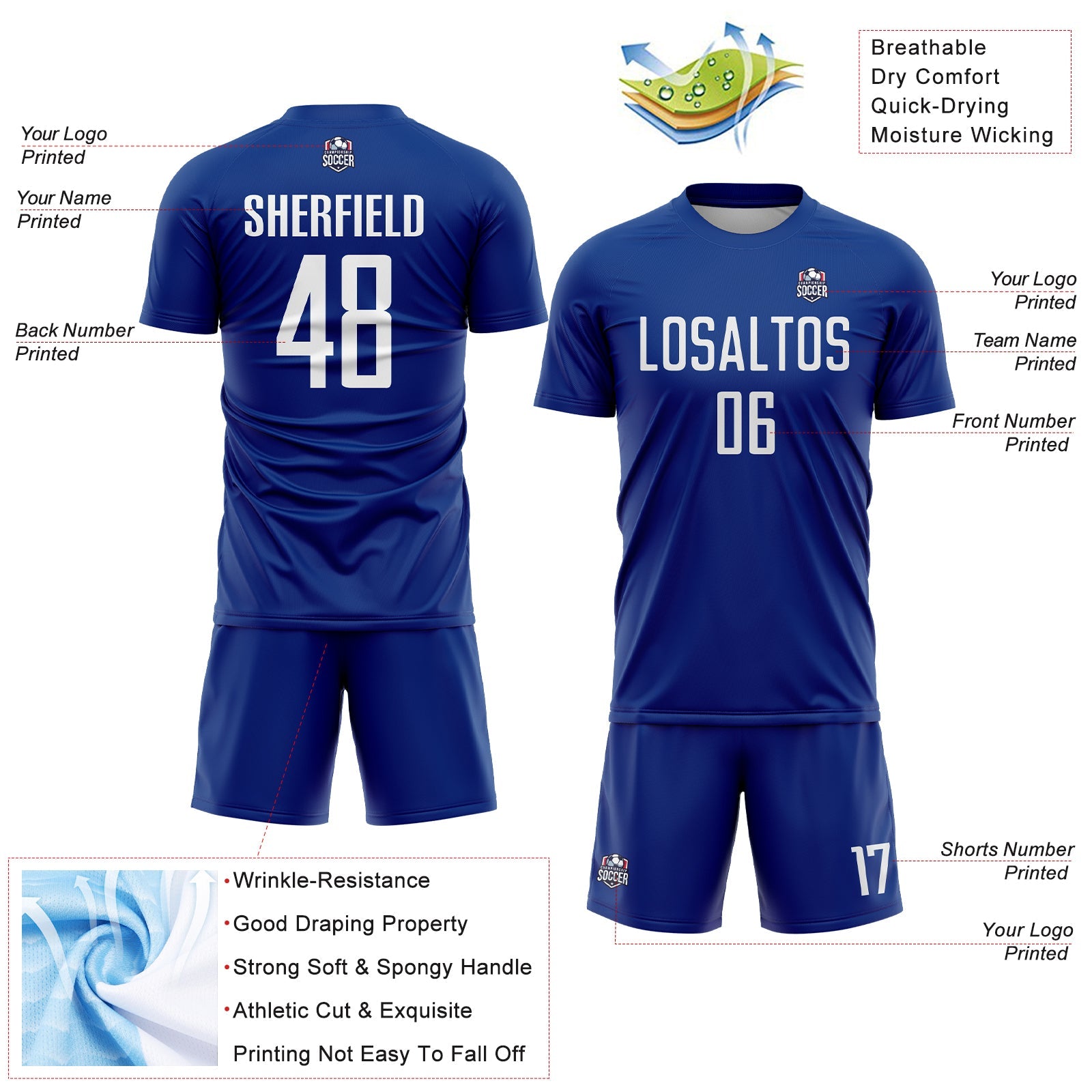 Custom Royal White Sublimation Soccer Uniform Jersey view 4
