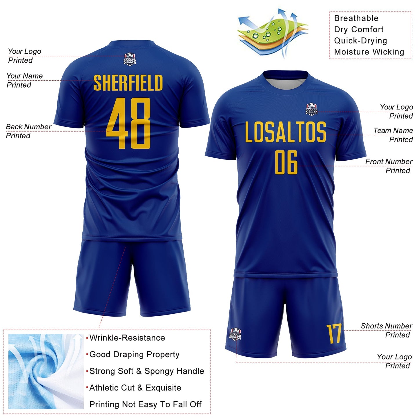 Custom Royal Yellow Sublimation Soccer Uniform Jersey view 4