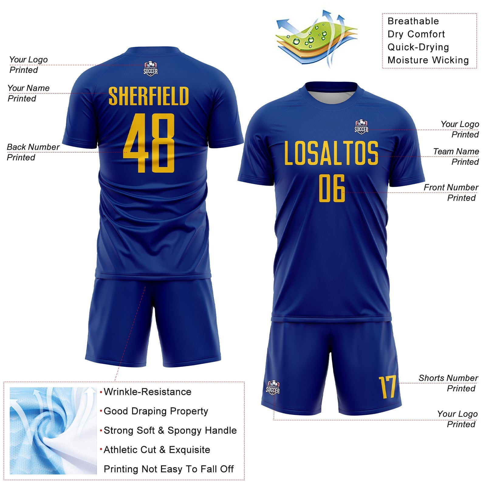 Custom Royal Yellow Sublimation Soccer Uniform Jersey view 4