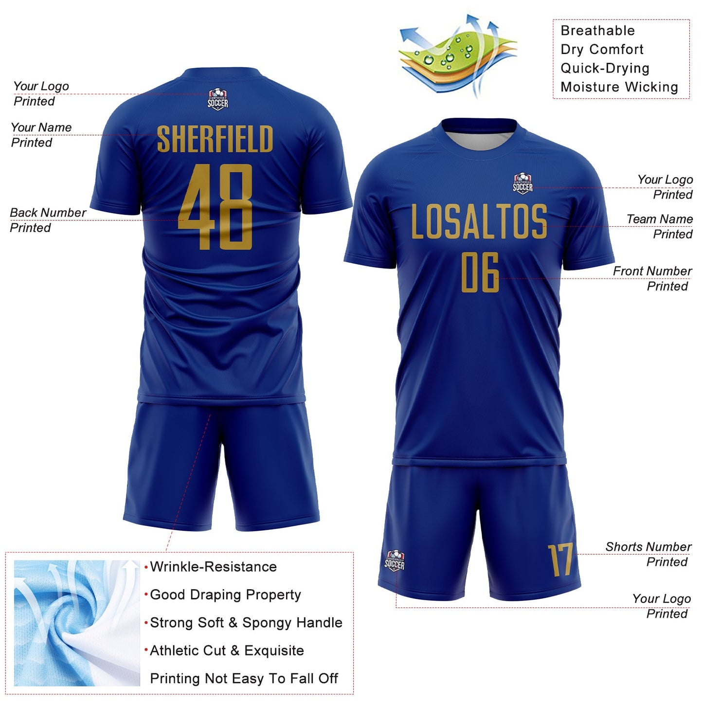 Custom Royal Old Gold Sublimation Soccer Uniform Jersey view 4