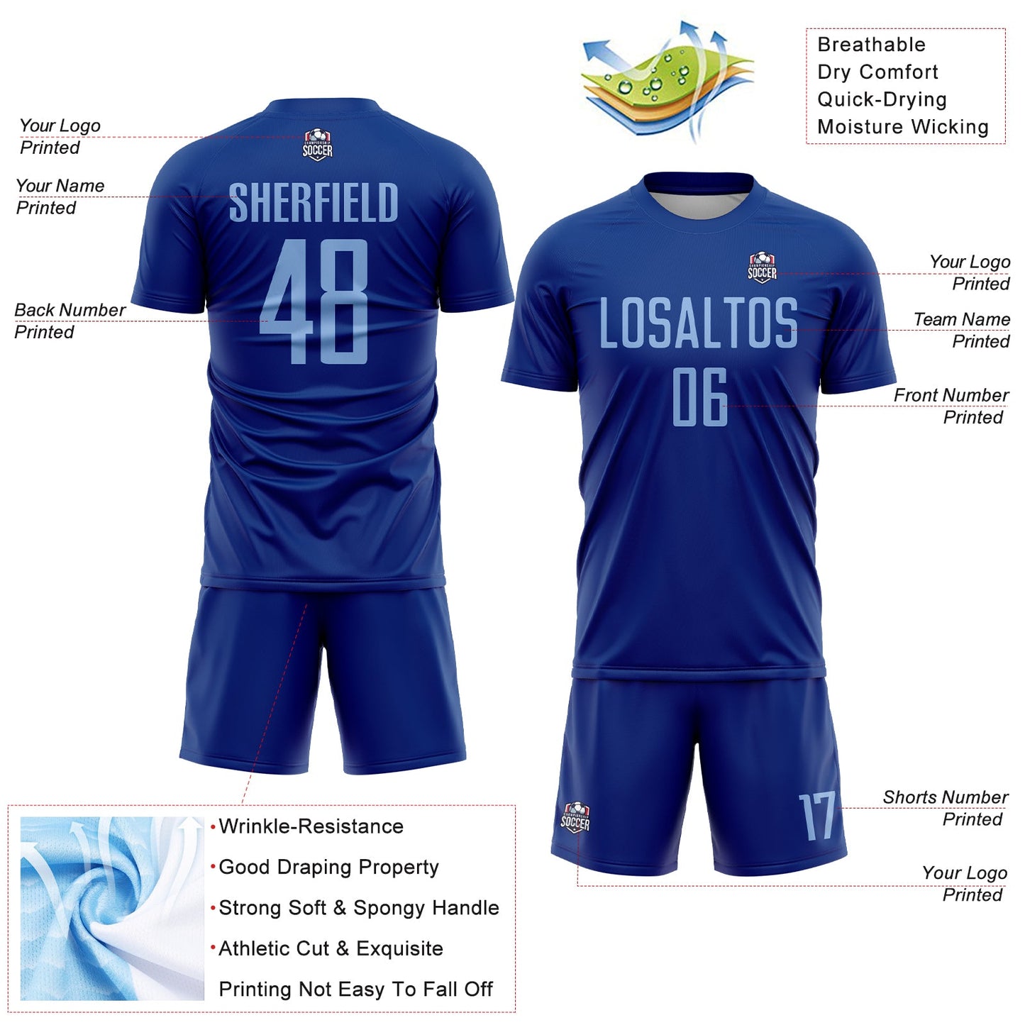 Custom Royal Light Blue Sublimation Soccer Uniform Jersey view 4