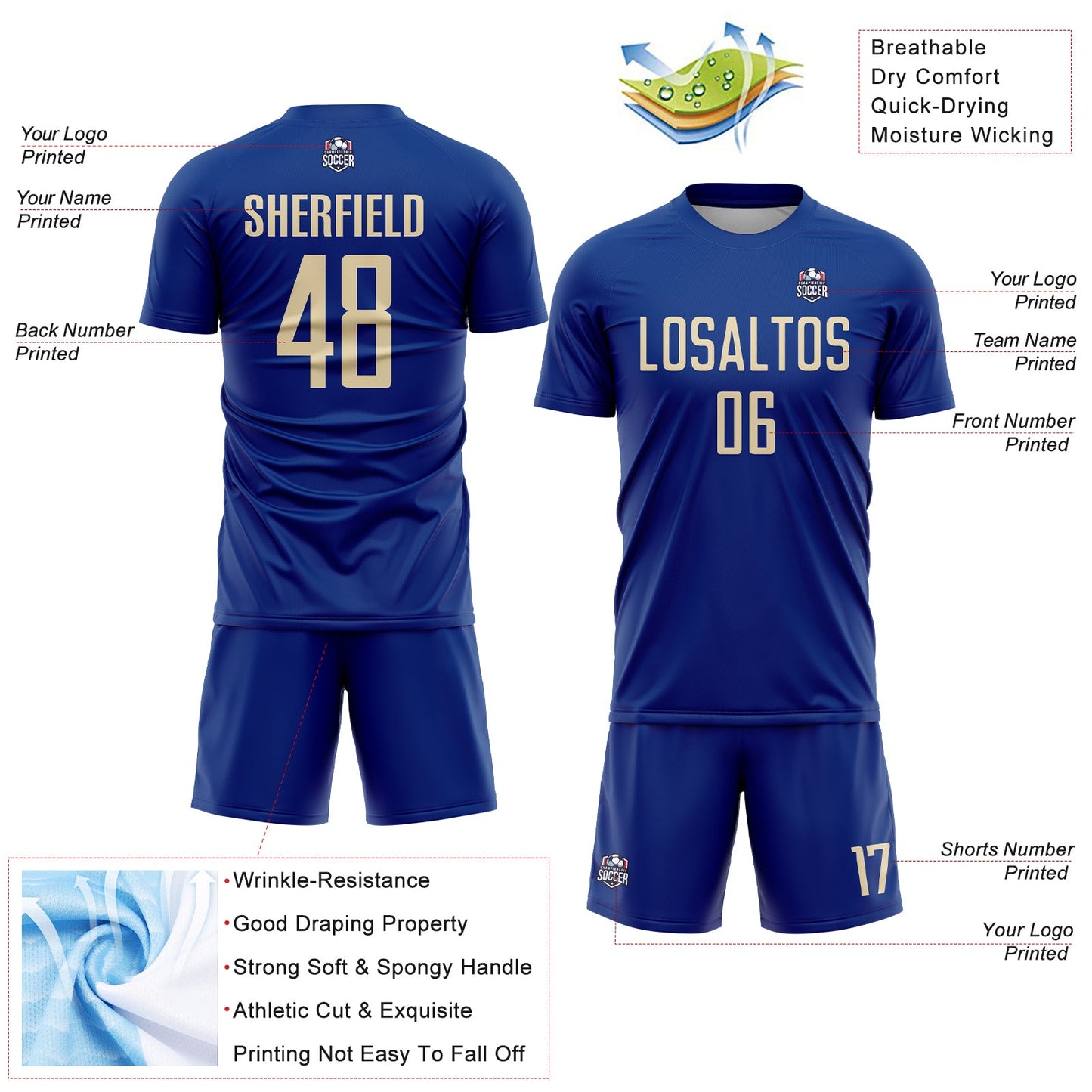 Custom Royal Cream Sublimation Soccer Uniform Jersey view 4