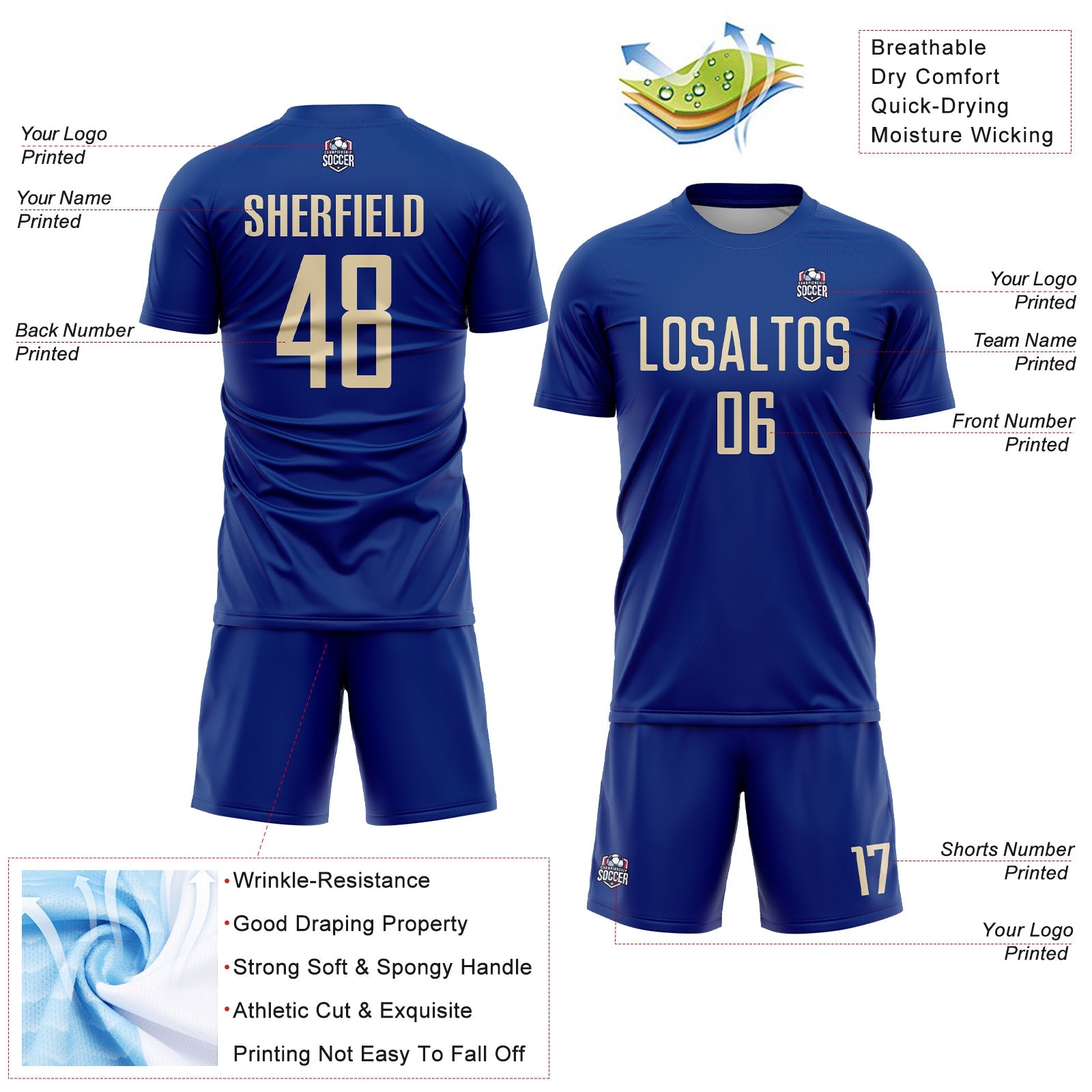 Custom Royal Cream Sublimation Soccer Uniform Jersey view 4