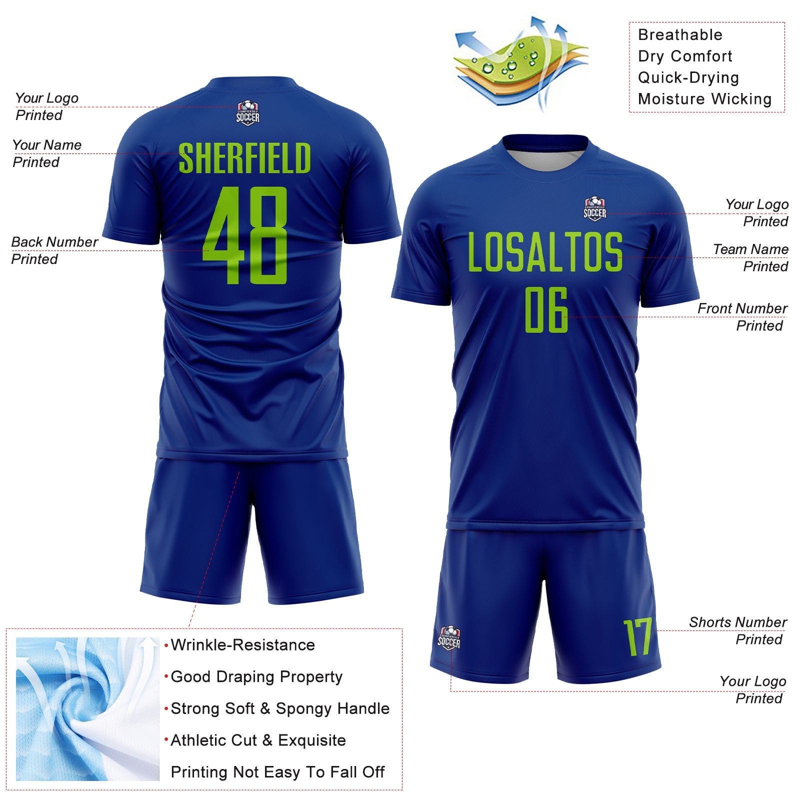 Custom Royal Neon Green Sublimation Soccer Uniform Jersey view 4