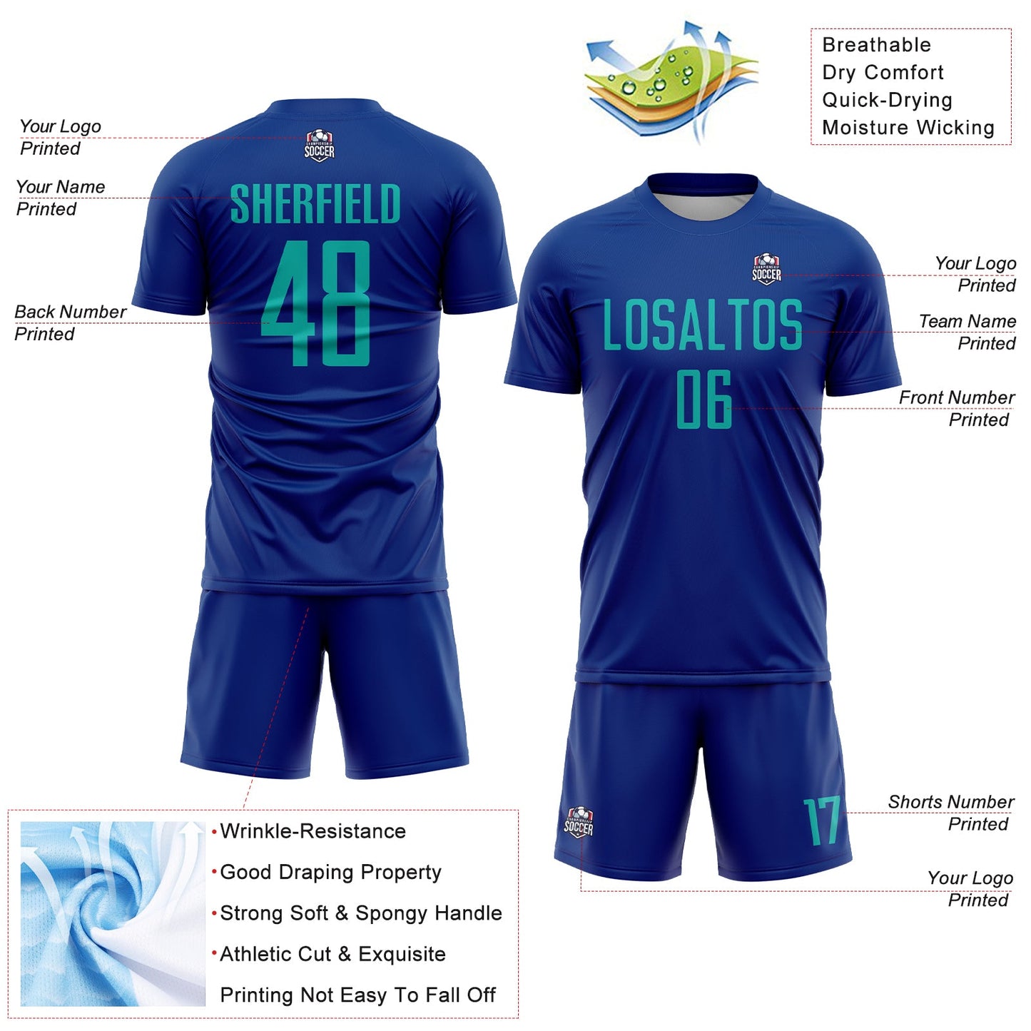 Custom Royal Aqua Sublimation Soccer Uniform Jersey view 4