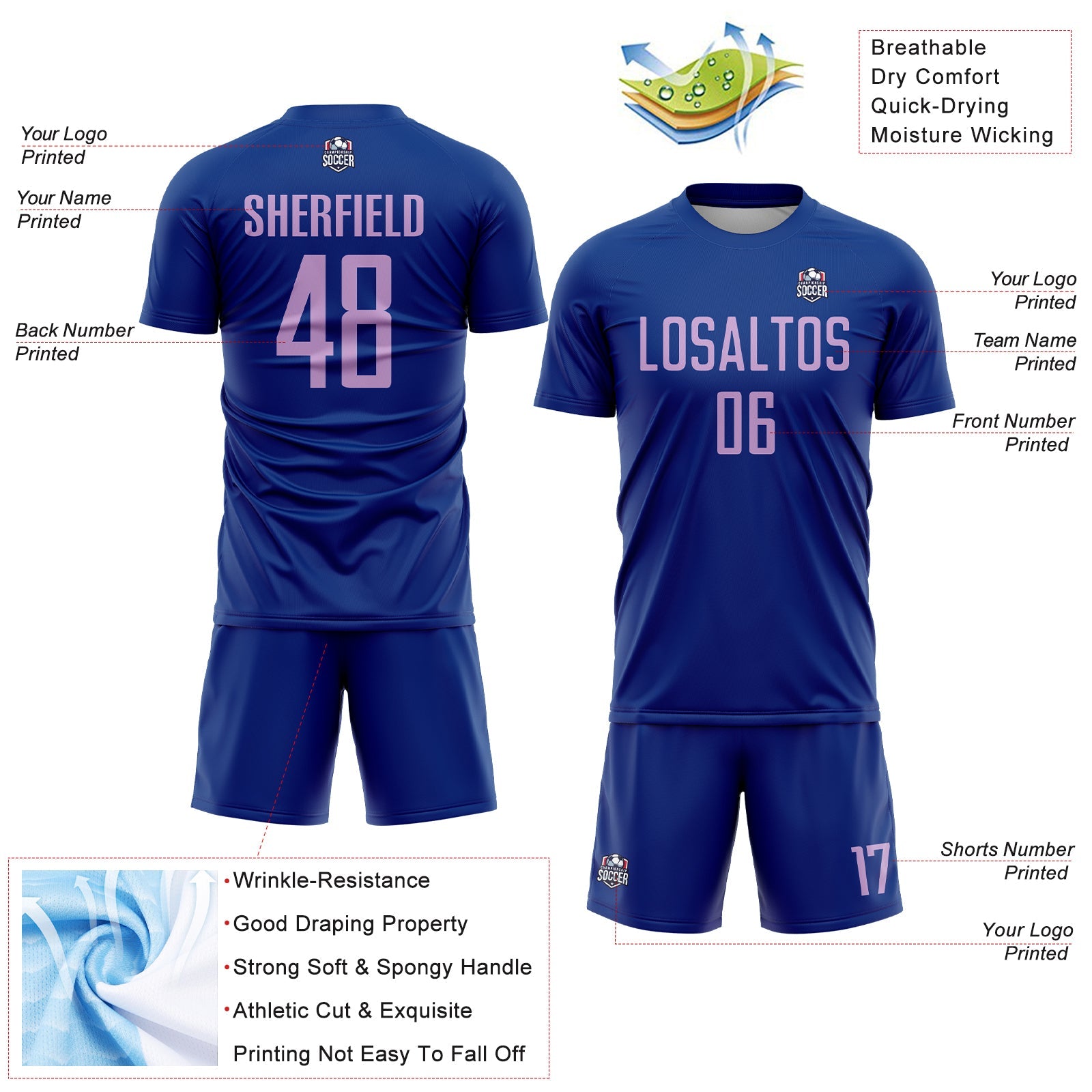 Custom Royal Light Purple Sublimation Soccer Uniform Jersey view 4