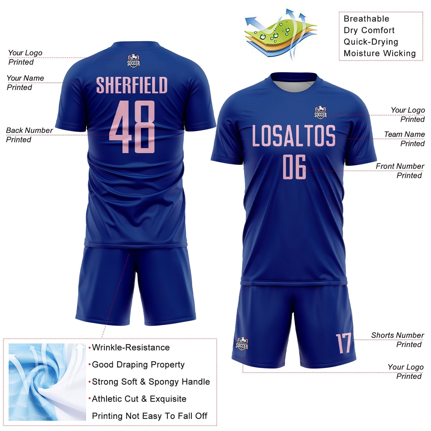 Custom Royal Light Pink Sublimation Soccer Uniform Jersey view 4