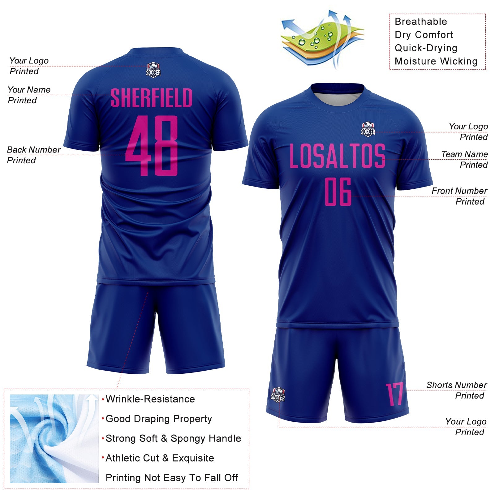 Custom Royal Deep Pink Sublimation Soccer Uniform Jersey view 4