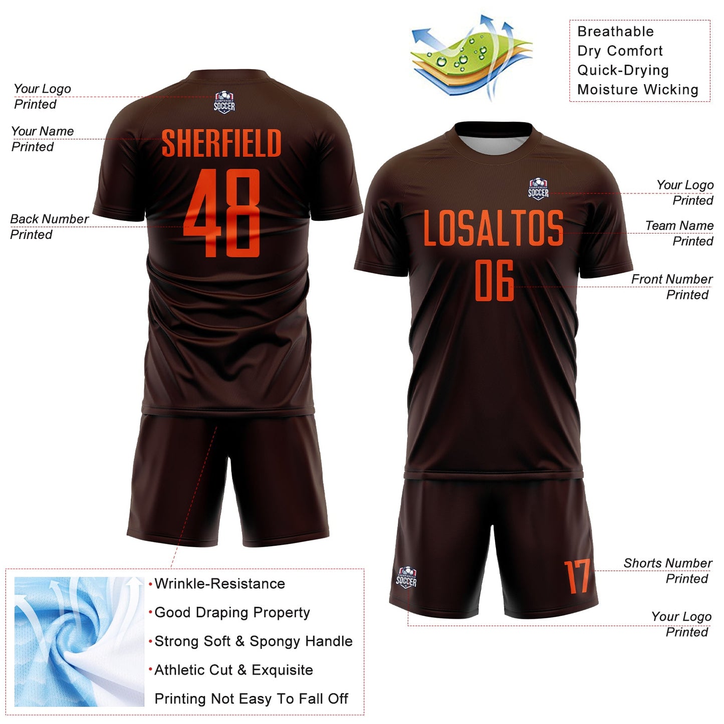 Custom Brown Orange Sublimation Soccer Uniform Jersey view 4