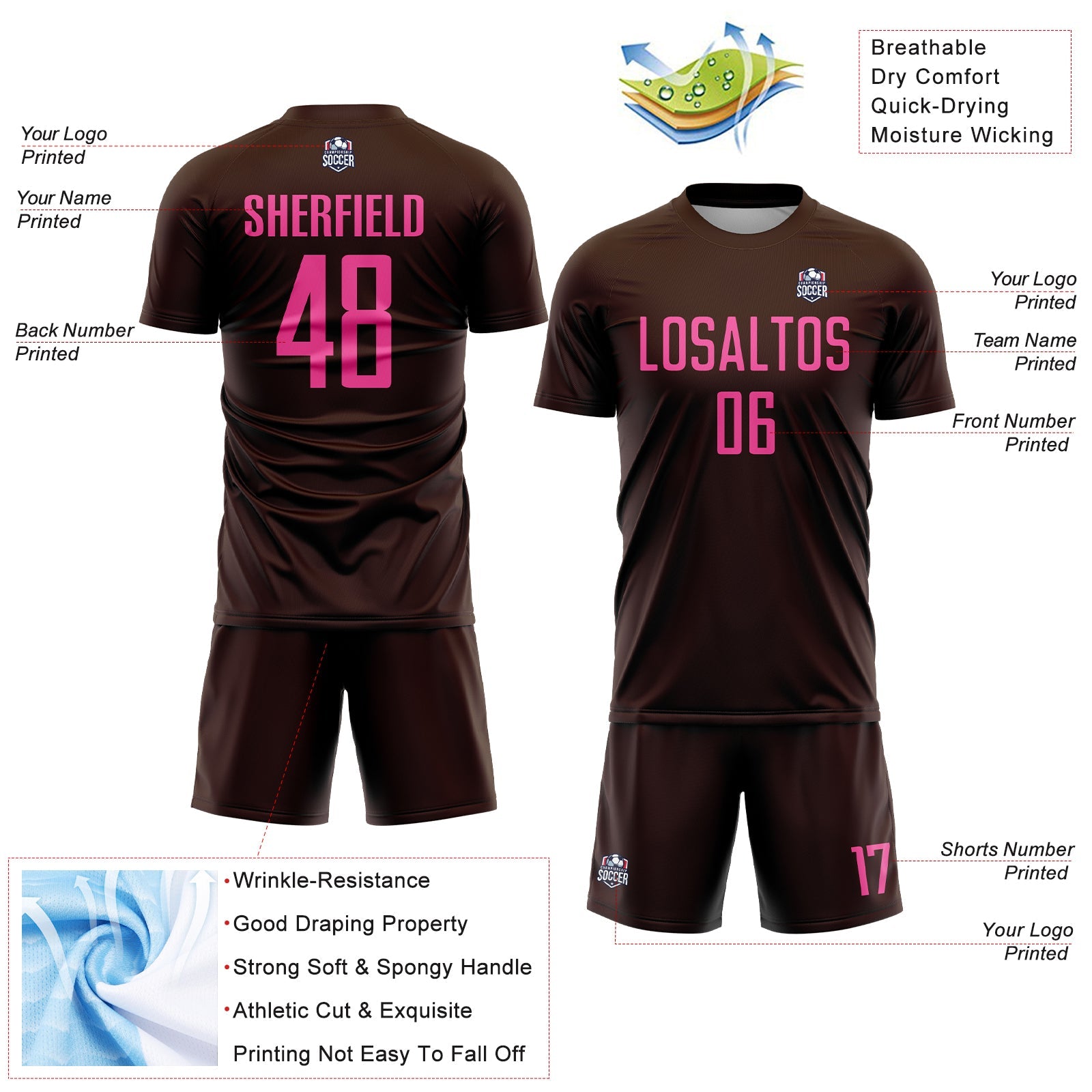 Custom Brown Pink Sublimation Soccer Uniform Jersey view 4