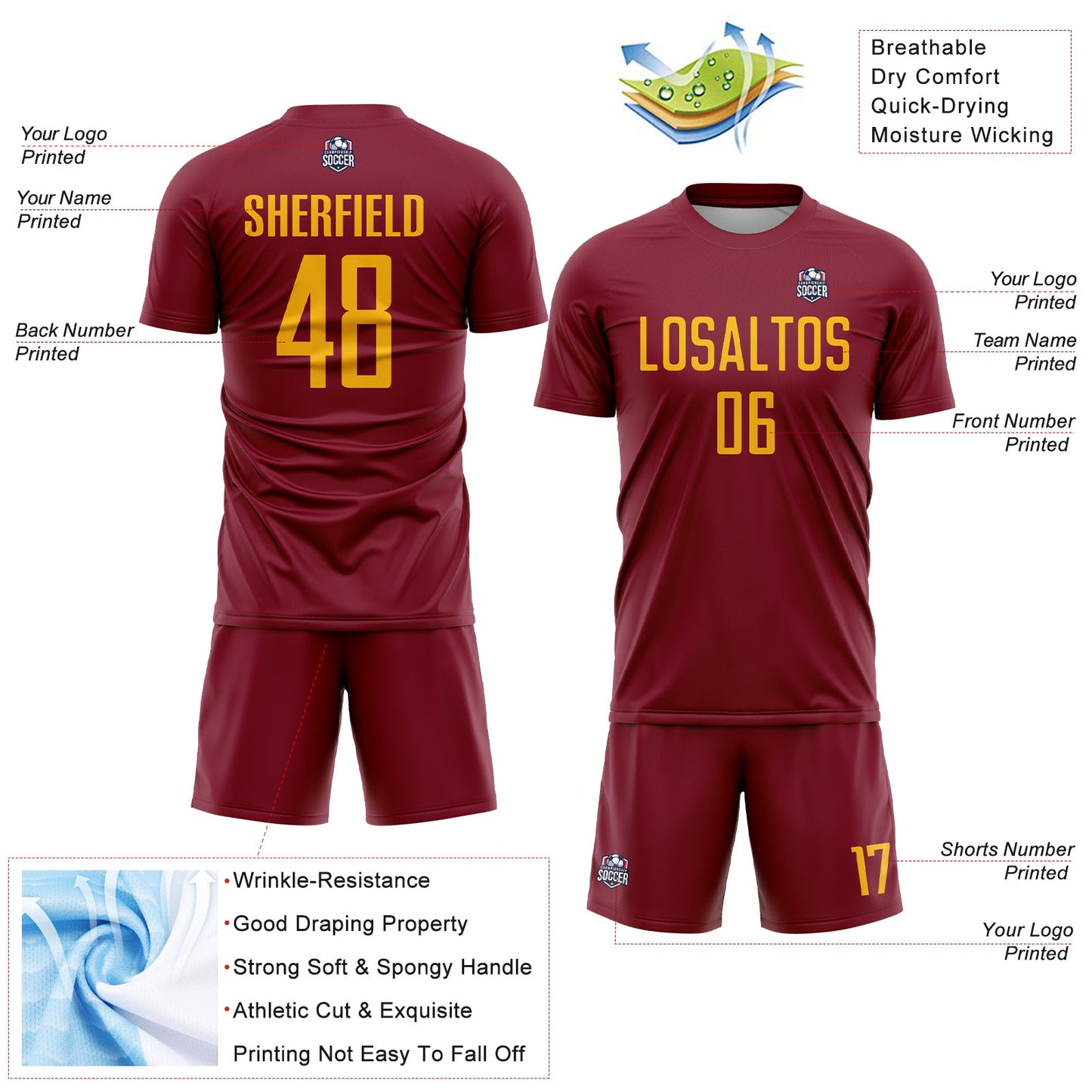 Custom Crimson Gold Sublimation Soccer Uniform Jersey view 4