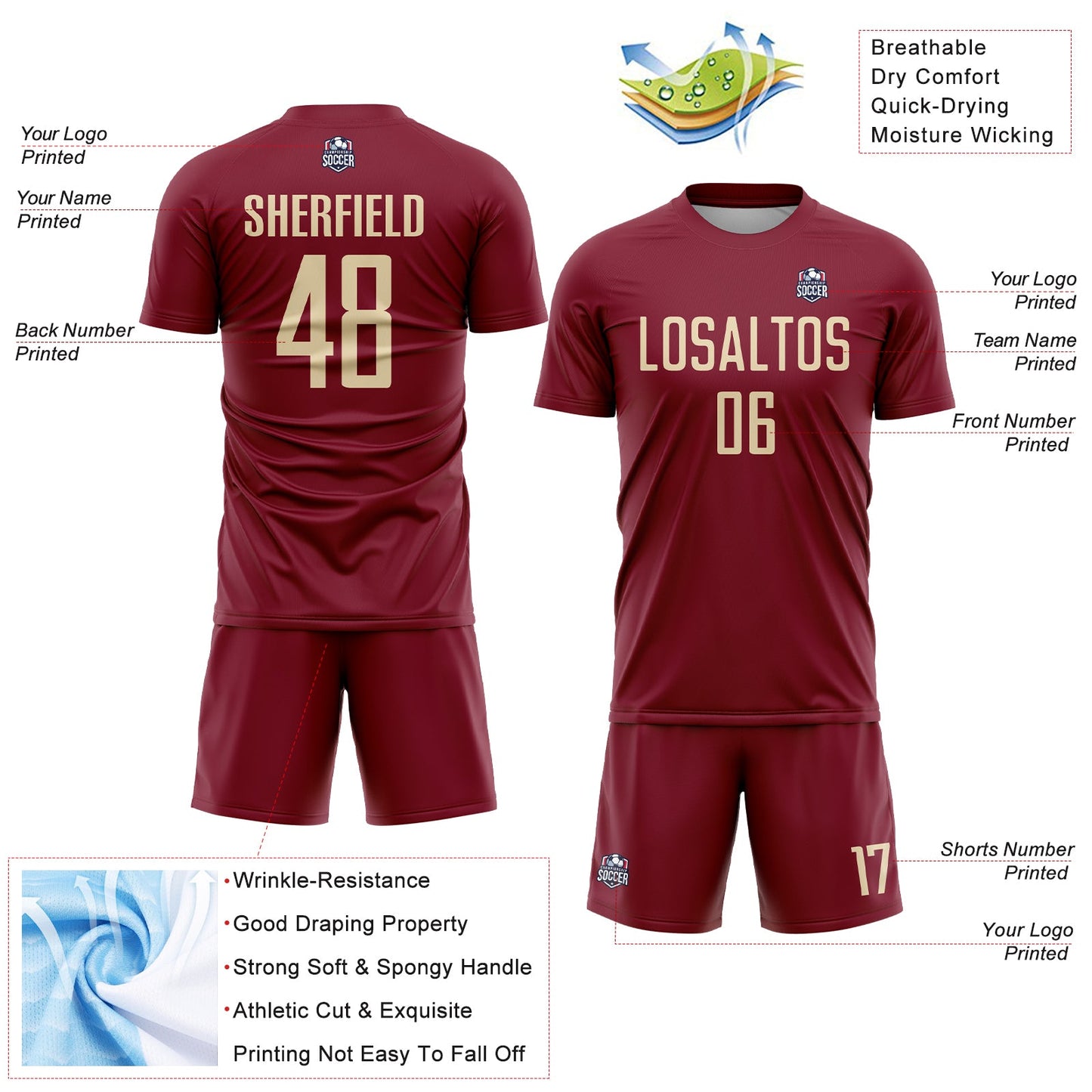 Custom Crimson Cream Sublimation Soccer Uniform Jersey view 4