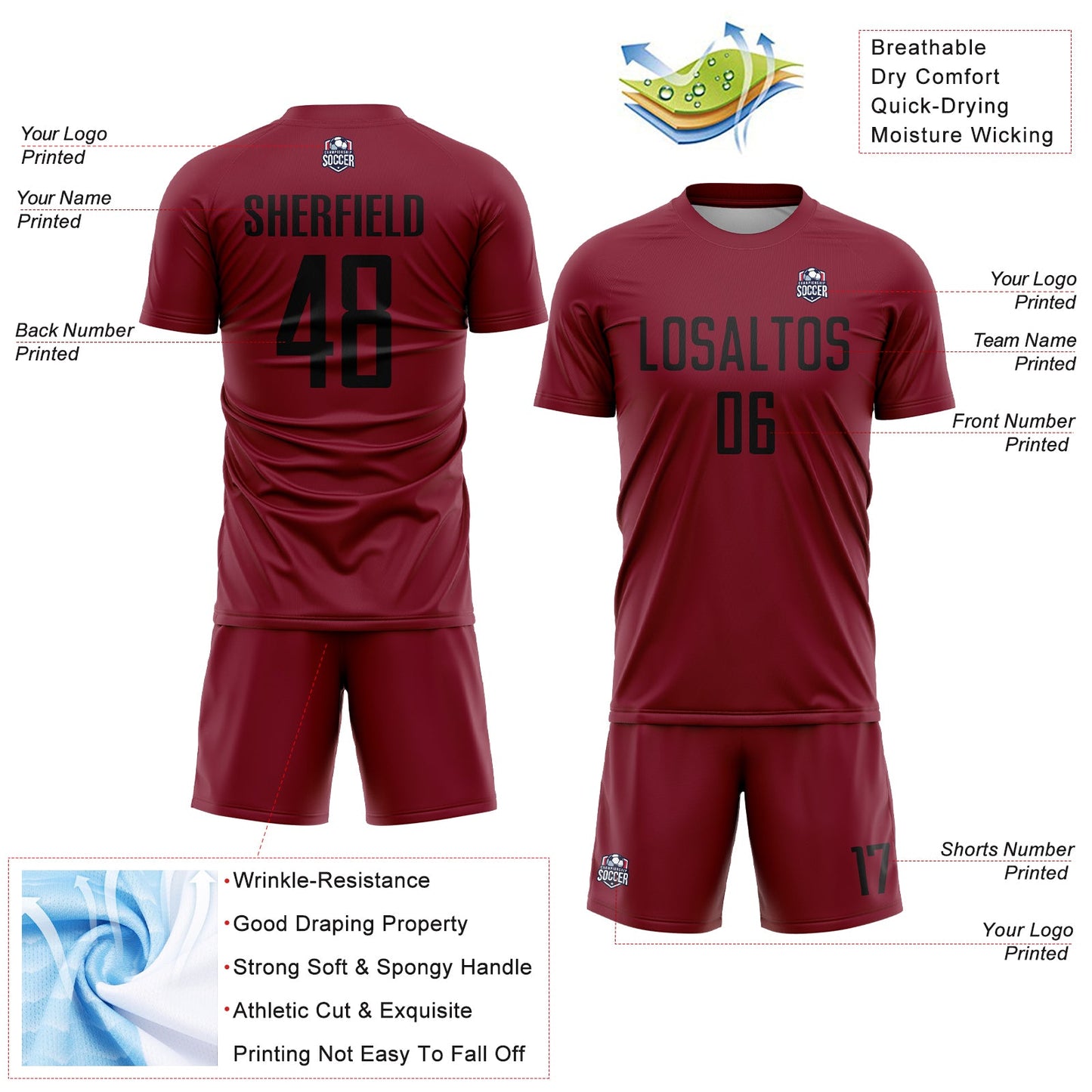 Custom Crimson Black Sublimation Soccer Uniform Jersey view 4