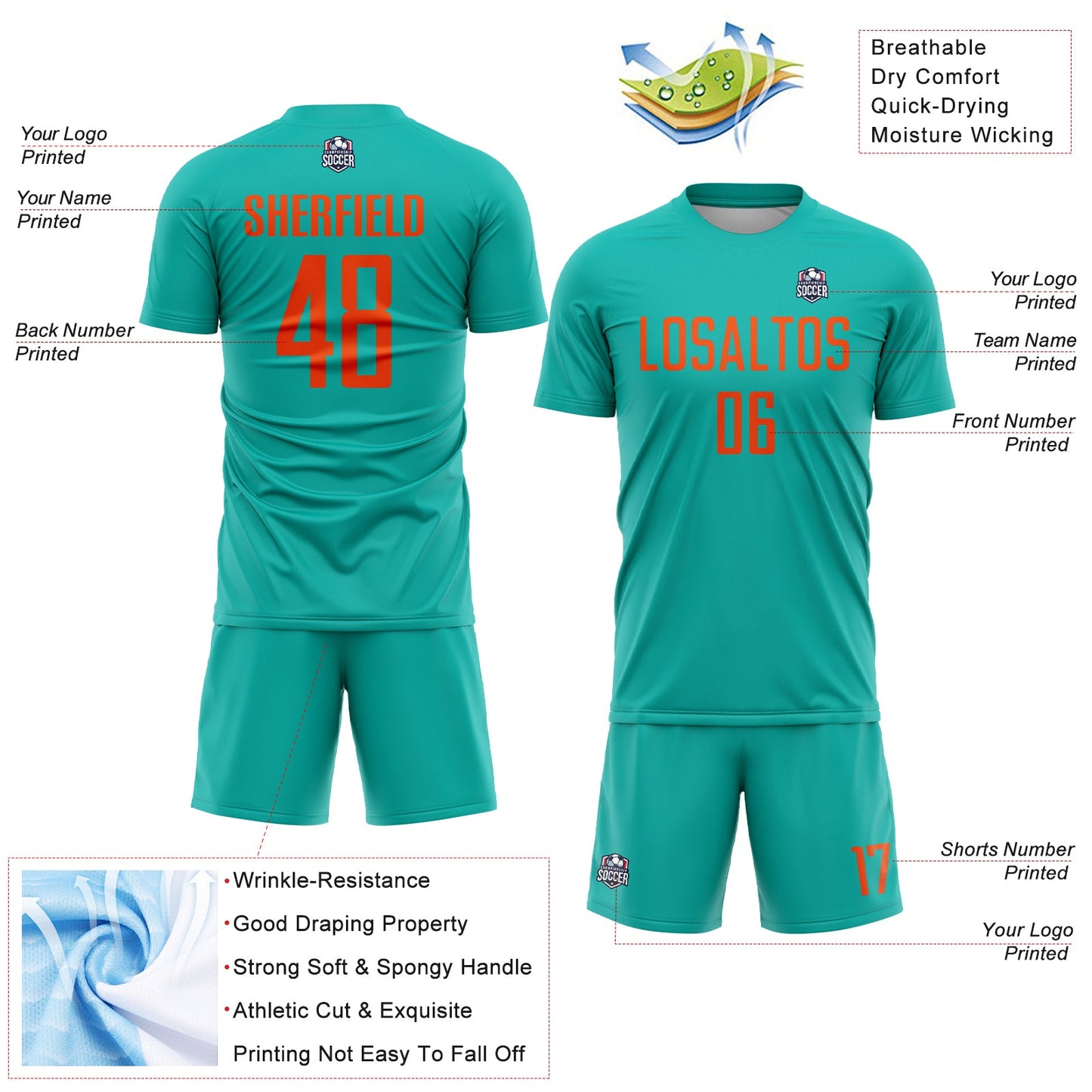 Custom Aqua Orange Sublimation Soccer Uniform Jersey view 4