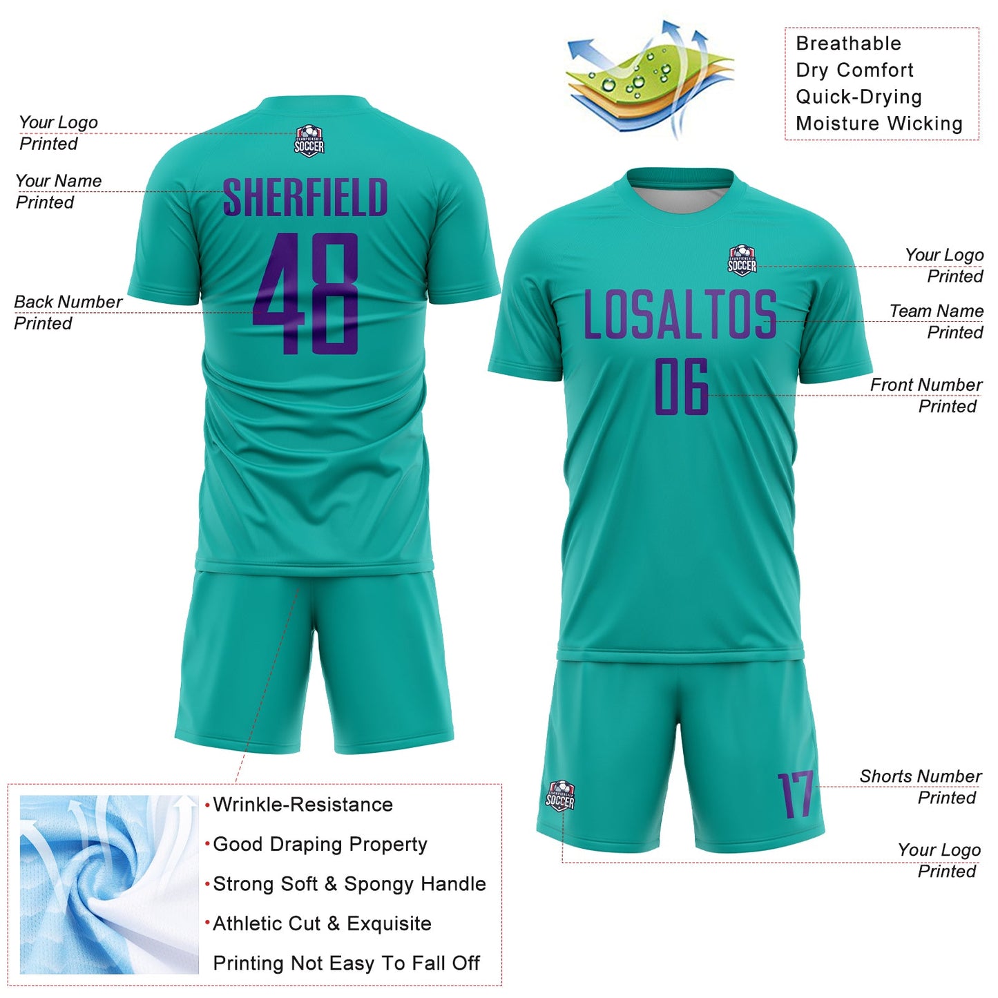 Custom Aqua Purple Sublimation Soccer Uniform Jersey view 4