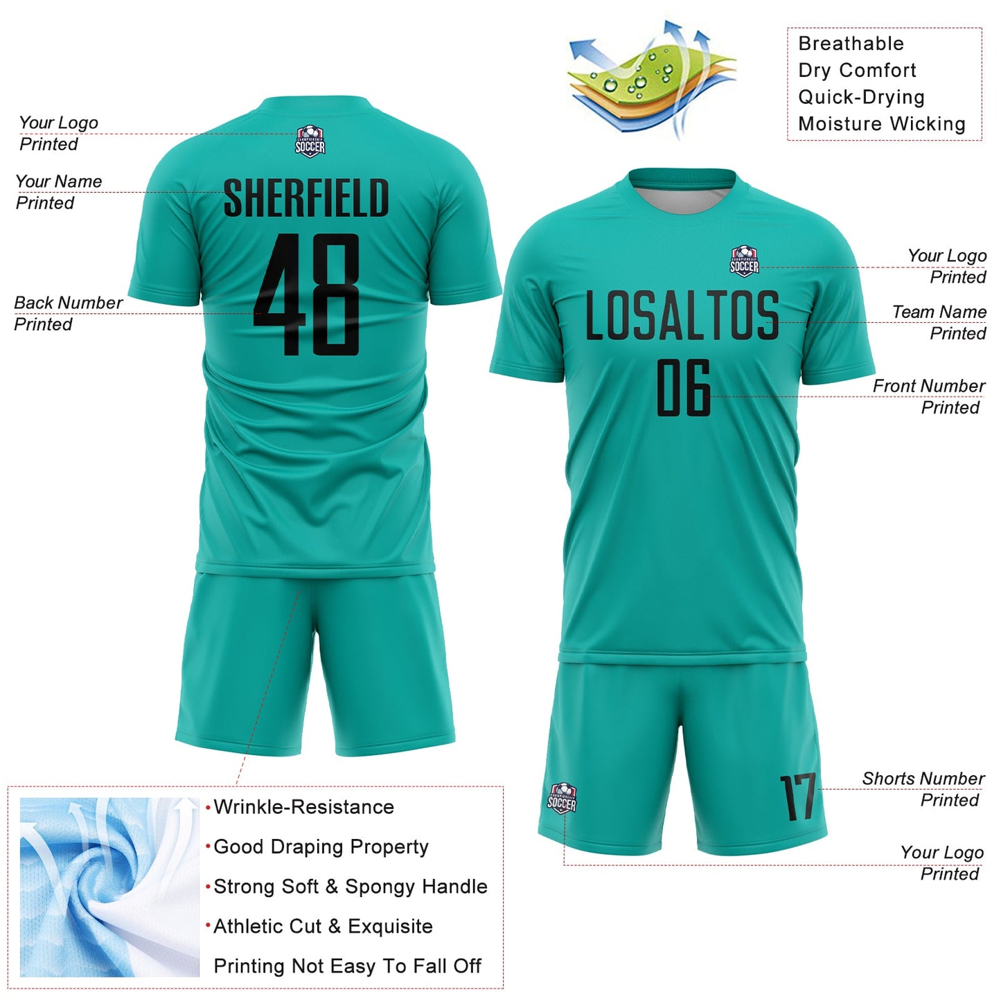 Custom Aqua Black Sublimation Soccer Uniform Jersey view 4