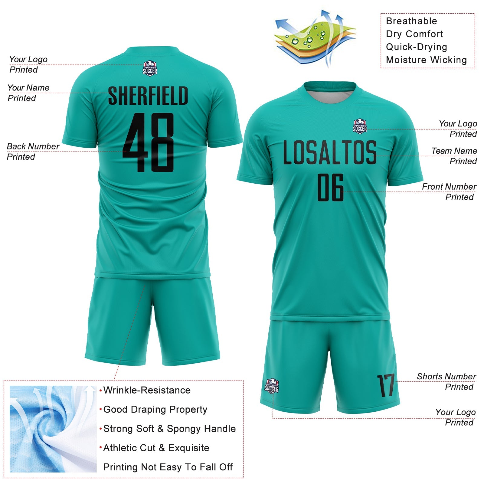 Custom Aqua Black Sublimation Soccer Uniform Jersey view 4