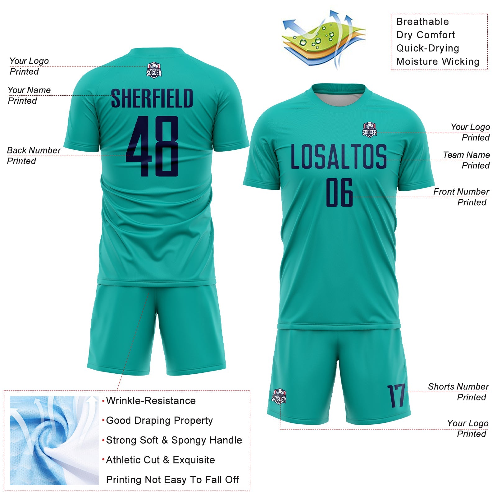 Custom Aqua Navy Sublimation Soccer Uniform Jersey view 4