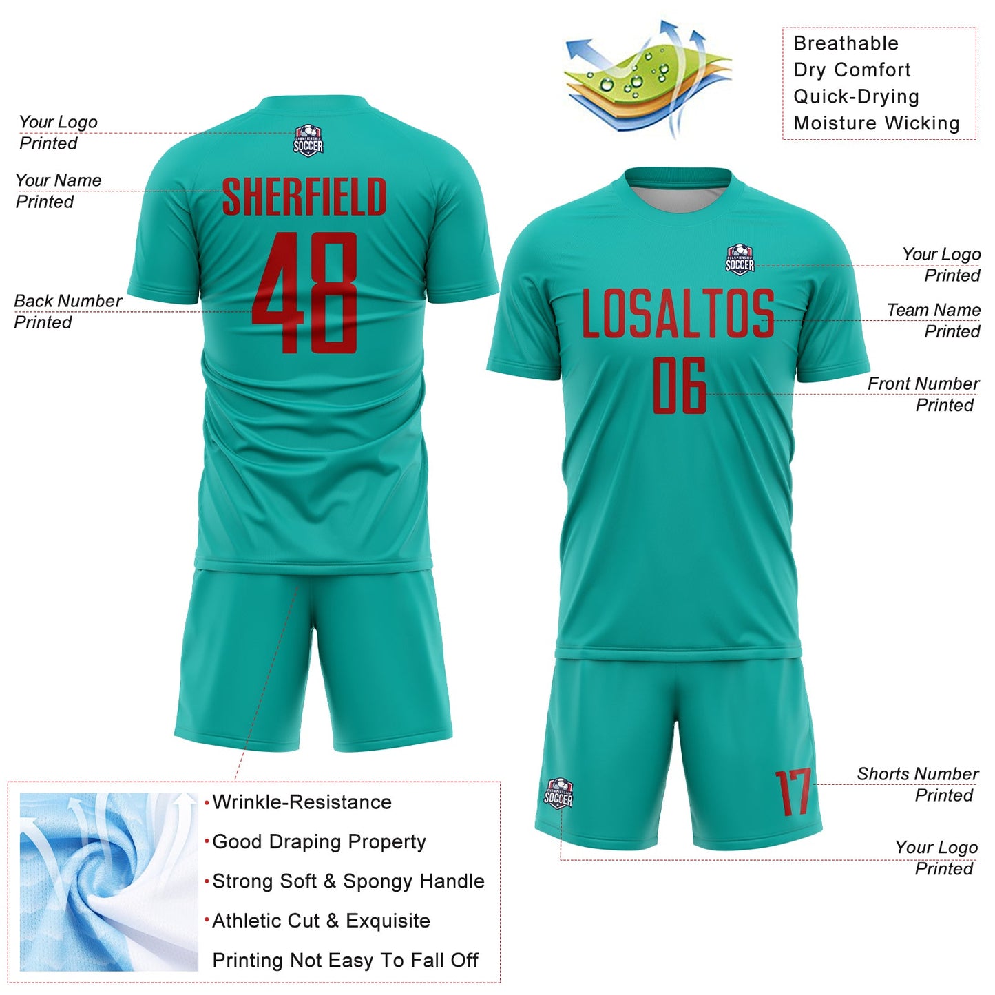 Custom Aqua Red Sublimation Soccer Uniform Jersey view 4