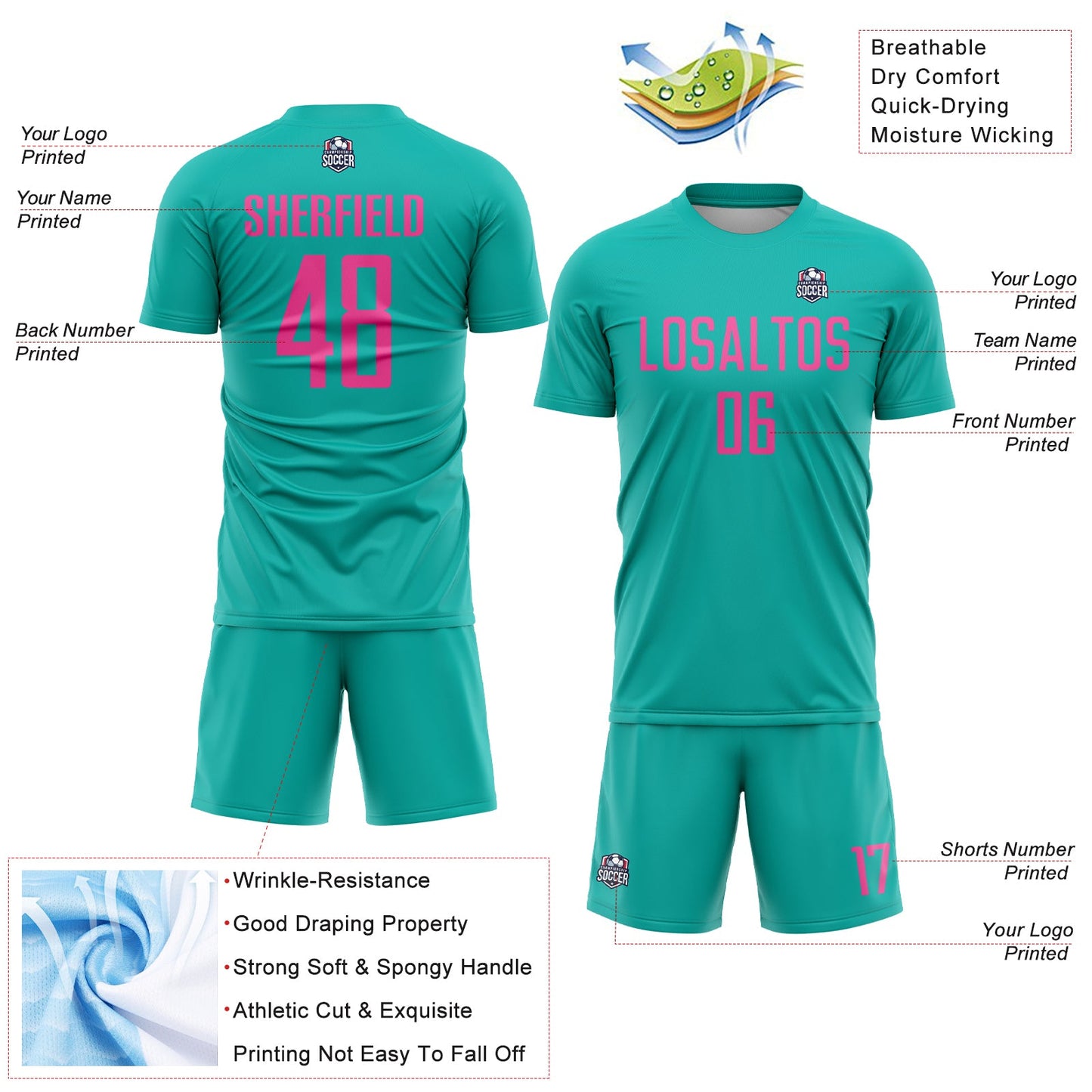 Custom Aqua Pink Sublimation Soccer Uniform Jersey view 4
