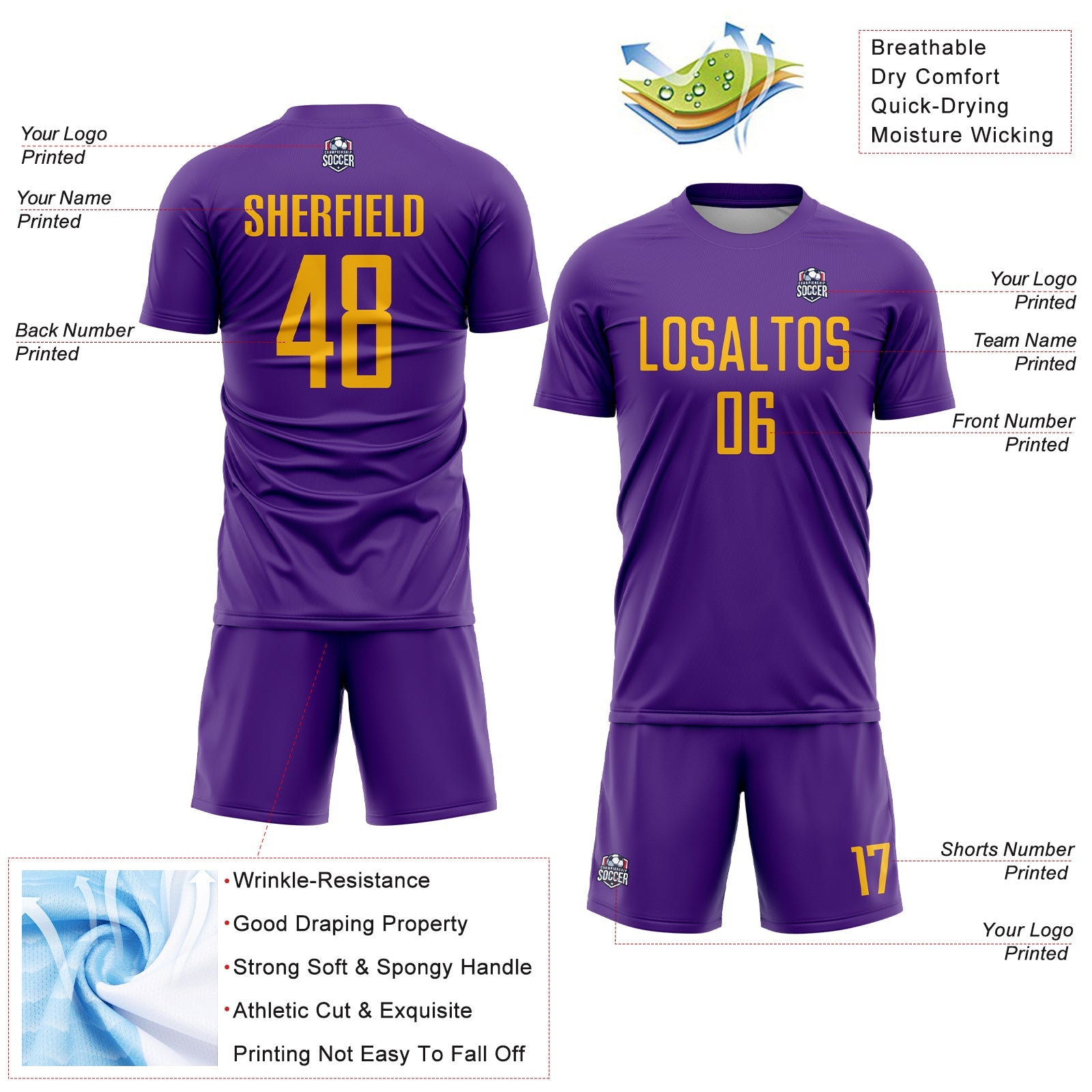 Custom Purple Gold Sublimation Soccer Uniform Jersey view 4