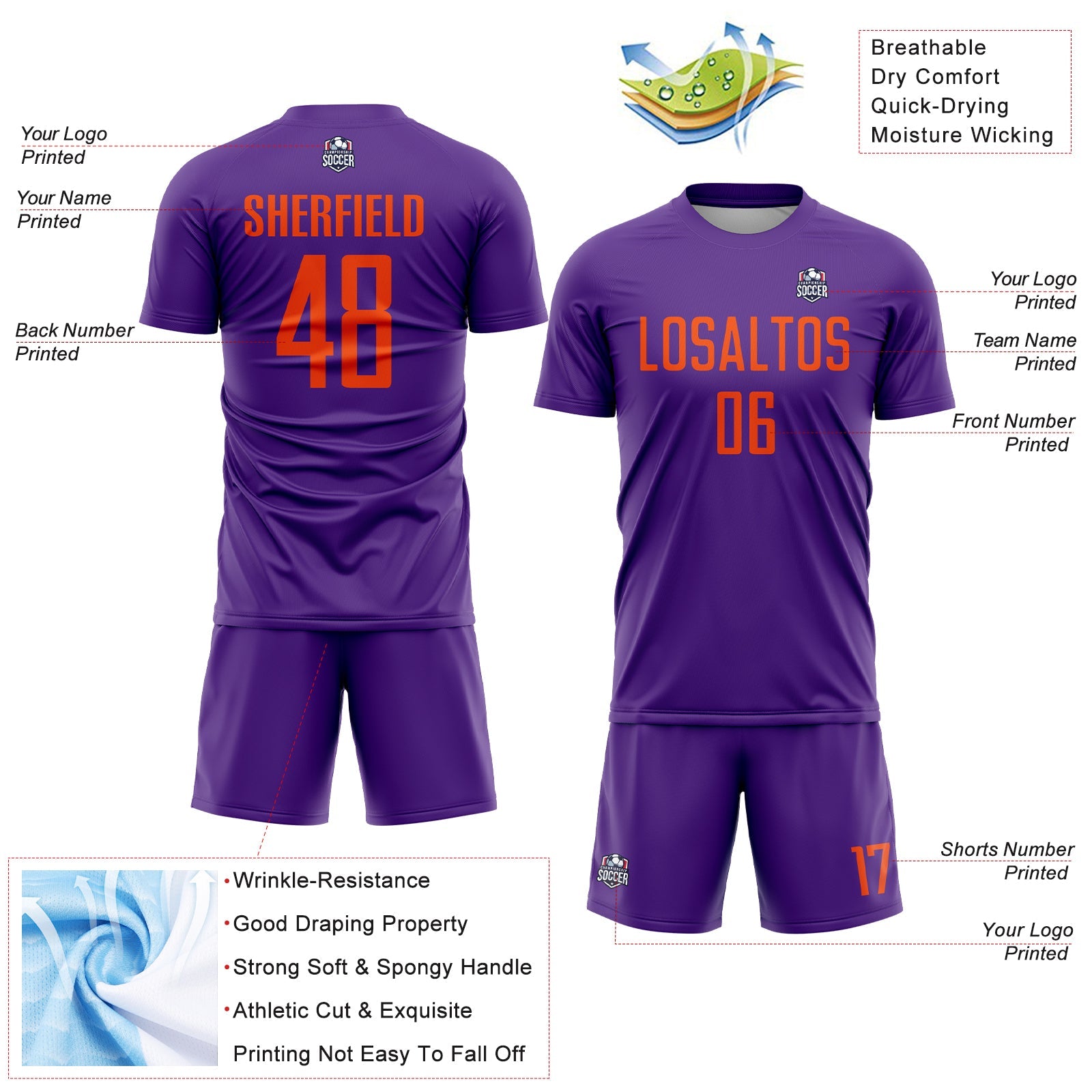 Custom Purple Orange Sublimation Soccer Uniform Jersey view 4