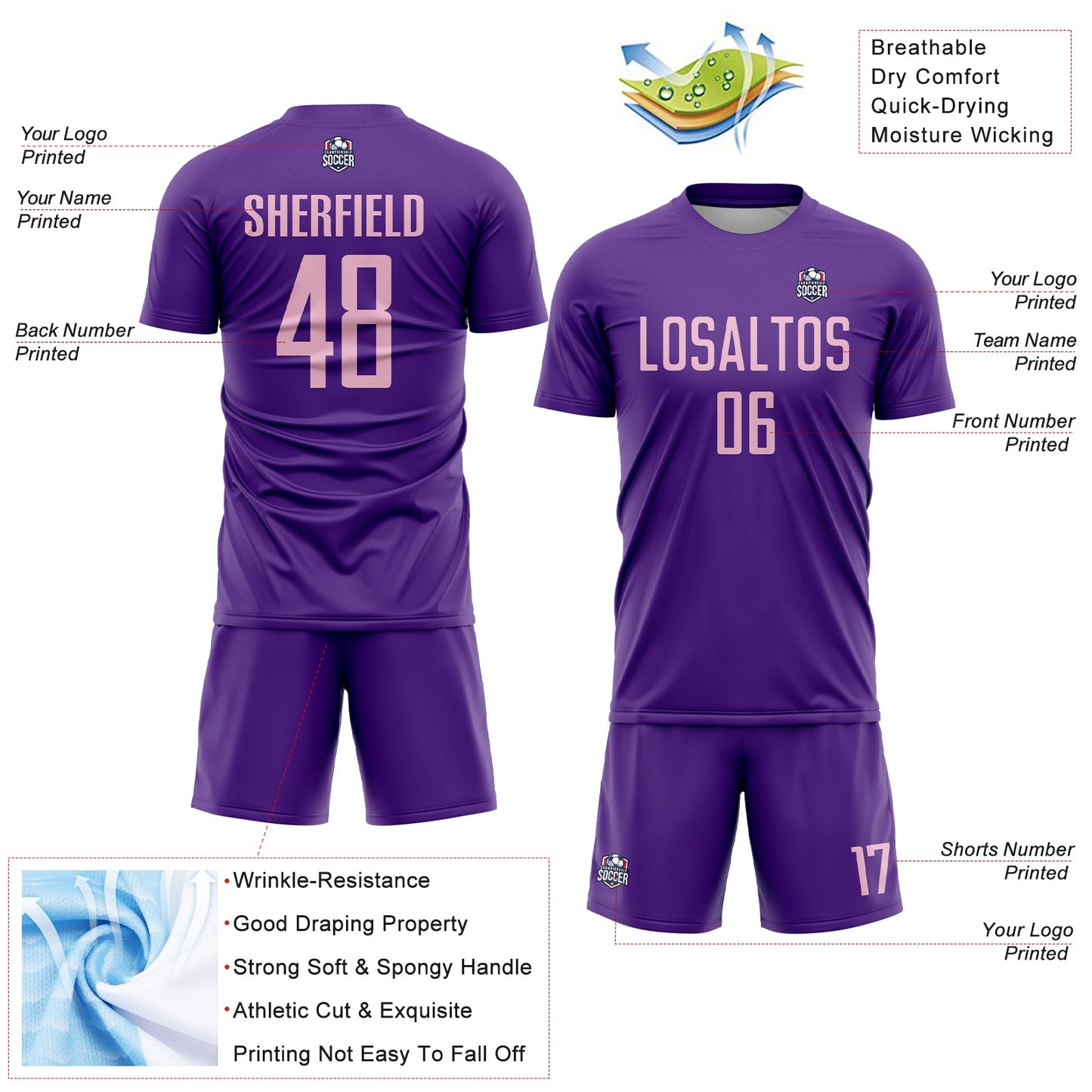 Custom Purple Light Pink Sublimation Soccer Uniform Jersey view 4