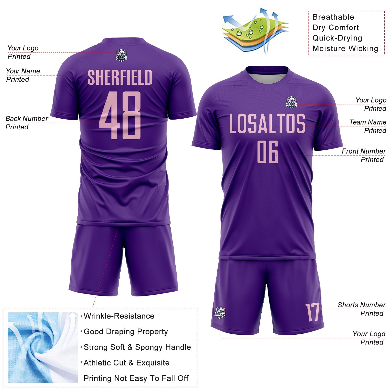 Custom Purple Light Pink Sublimation Soccer Uniform Jersey view 4