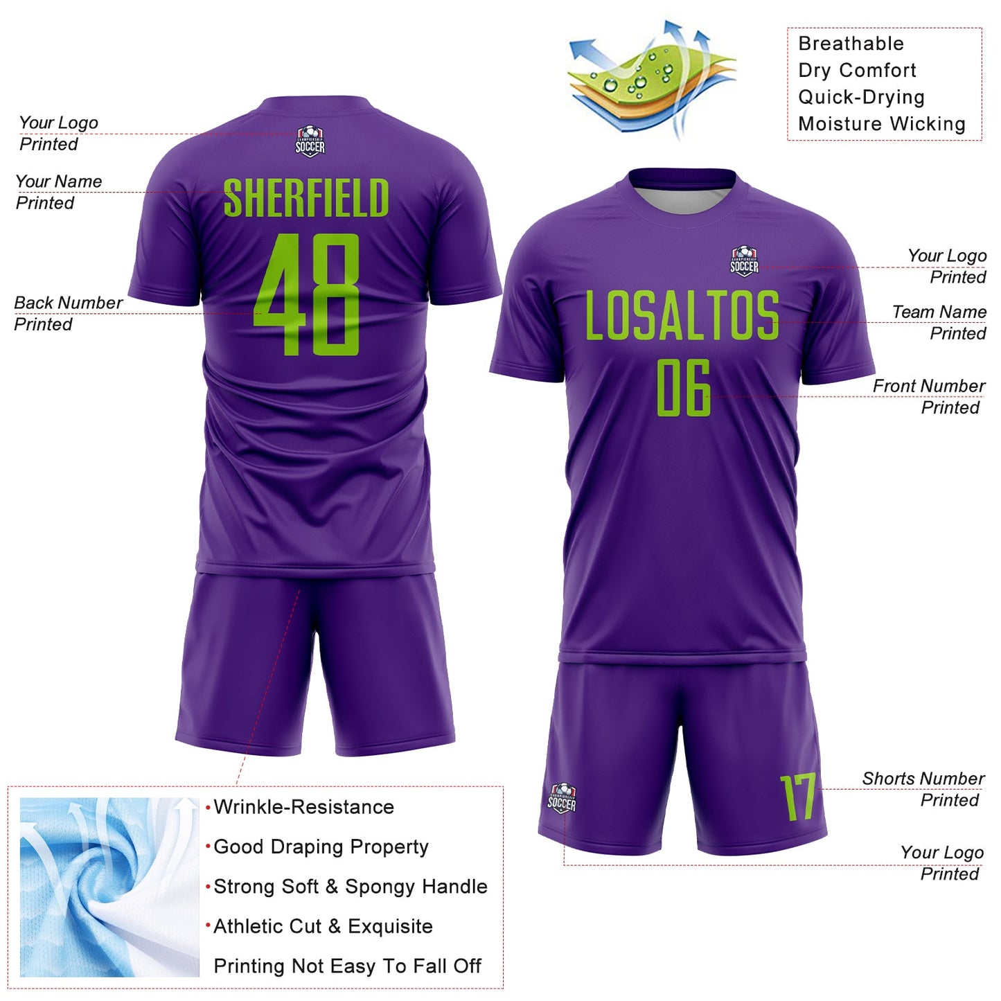 Custom Purple Neon Green Sublimation Soccer Uniform Jersey view 4