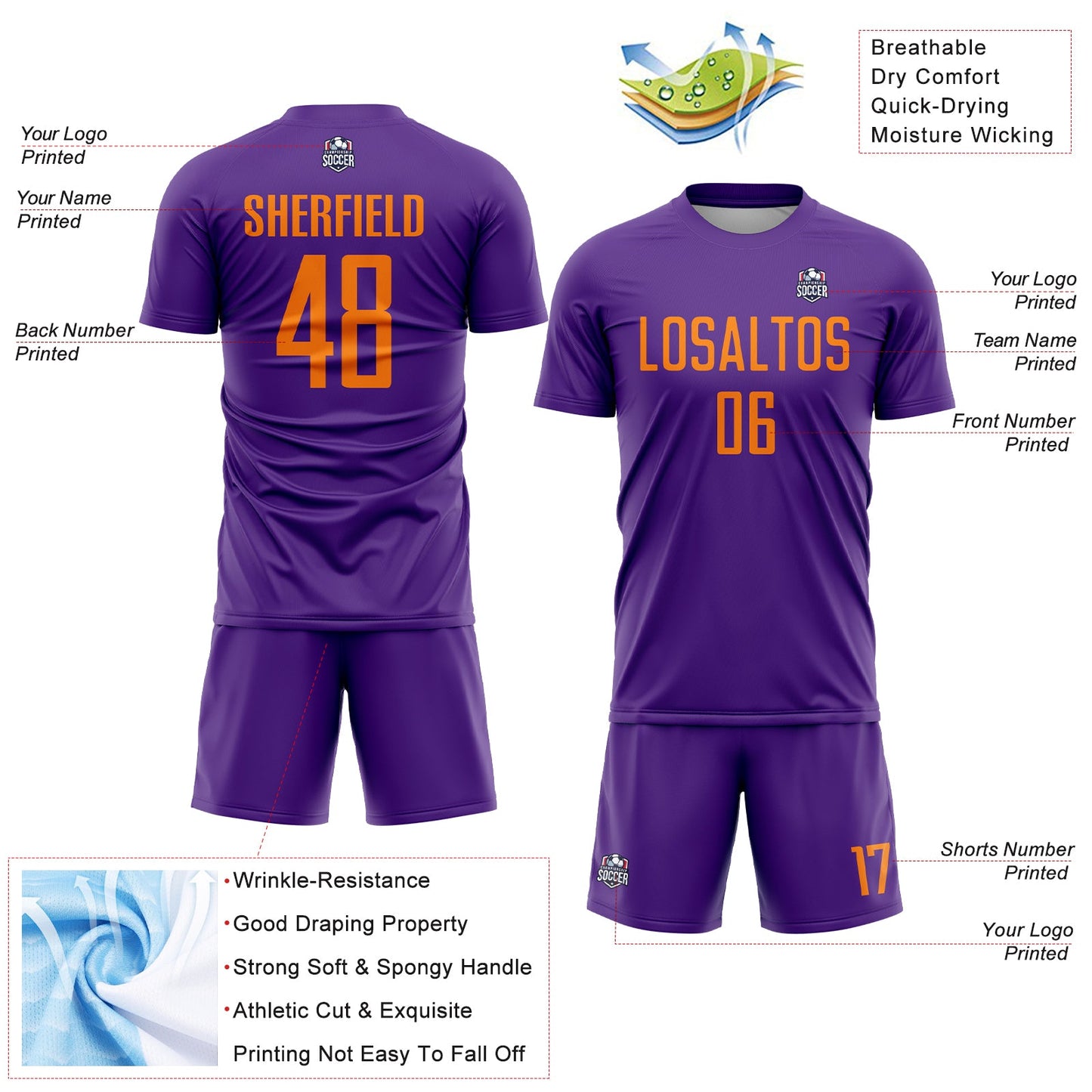 Custom Purple Bay Orange Sublimation Soccer Uniform Jersey view 4