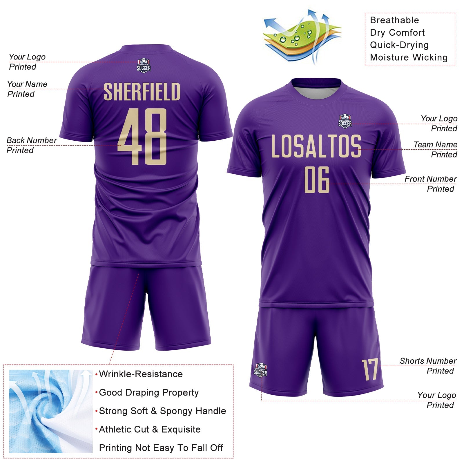 Custom Purple Cream Sublimation Soccer Uniform Jersey view 4