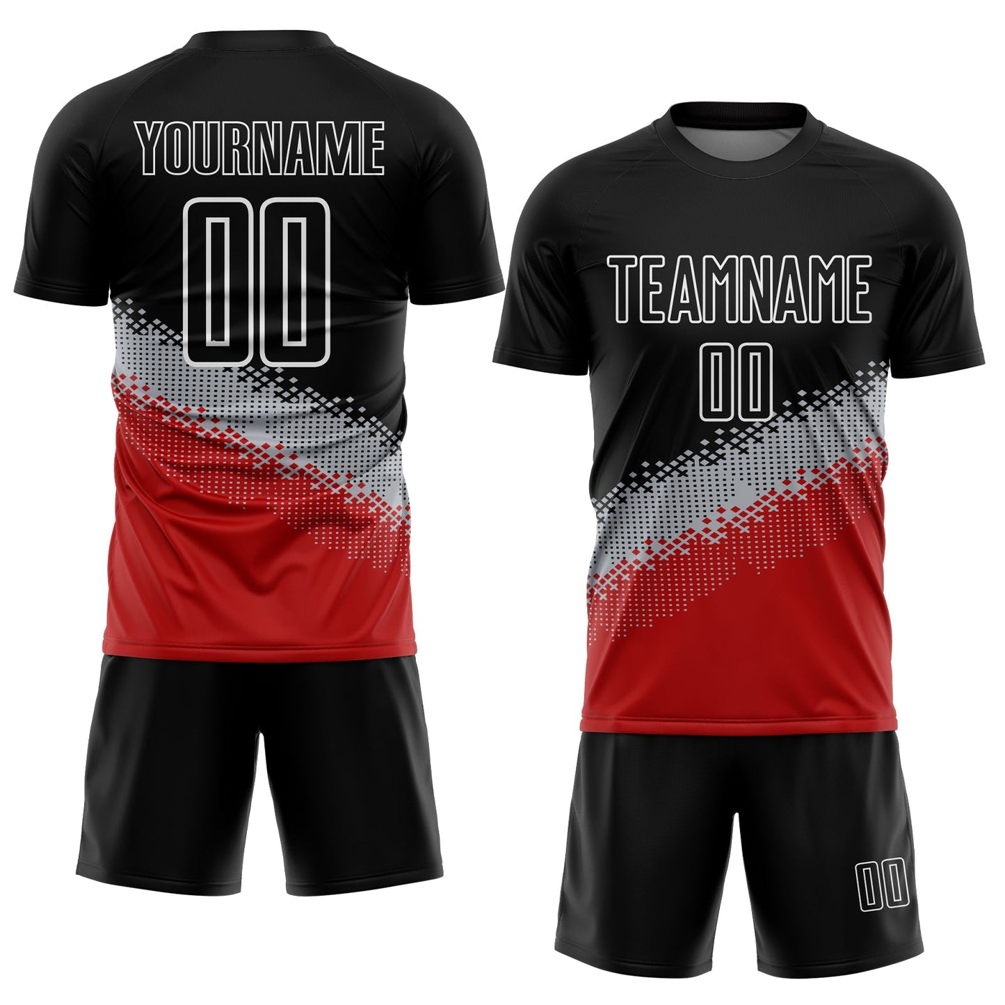 Custom Black Gray-Red Gradient Geometric Shape Sublimation Soccer Uniform Jersey view 2