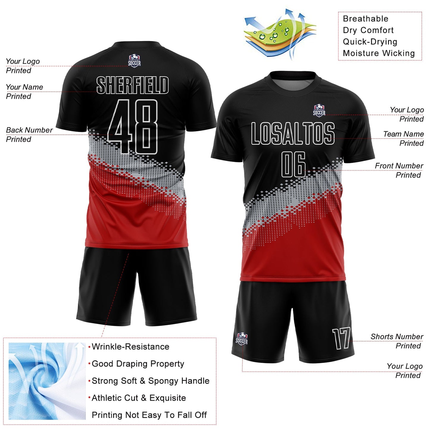 Custom Black Gray-Red Gradient Geometric Shape Sublimation Soccer Uniform Jersey view 4