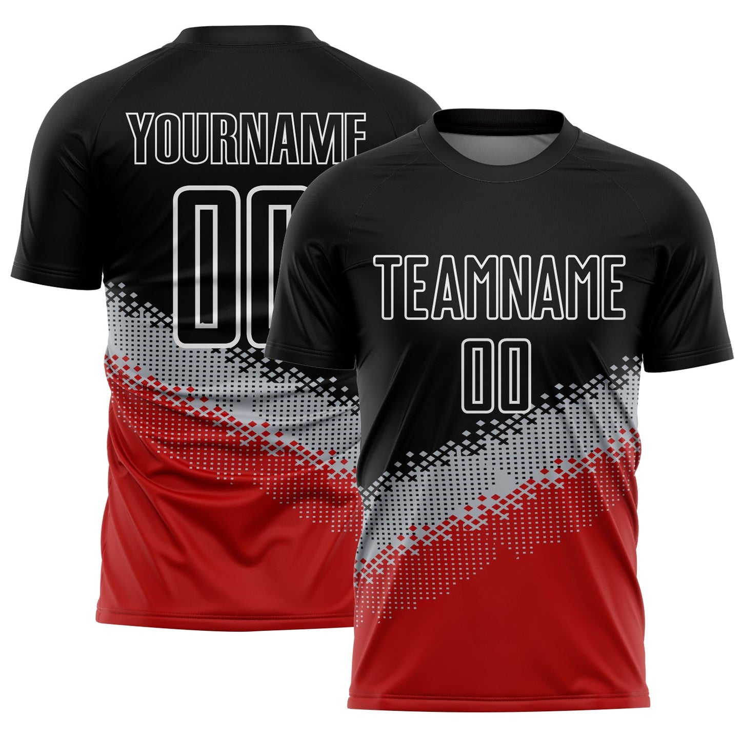 Custom Black Gray-Red Gradient Geometric Shape Sublimation Soccer Uniform Jersey - Main View