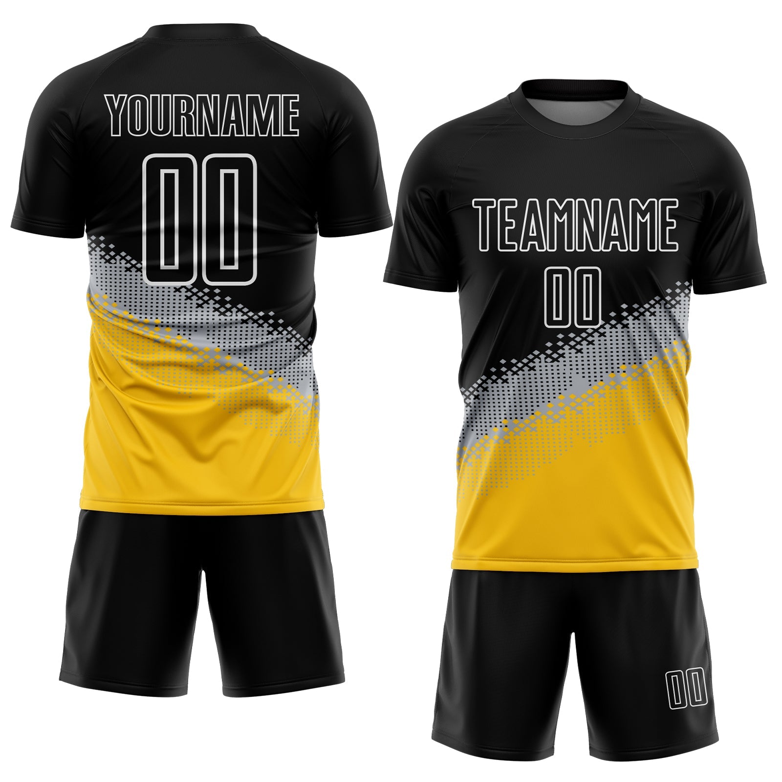 Custom Black Gray-Yellow Gradient Geometric Shape Sublimation Soccer Uniform Jersey view 2