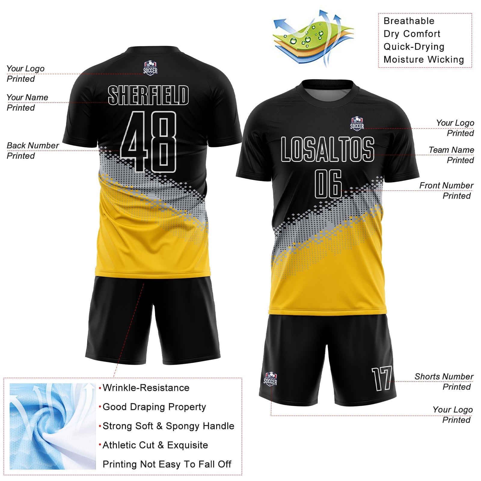 Custom Black Gray-Yellow Gradient Geometric Shape Sublimation Soccer Uniform Jersey view 4