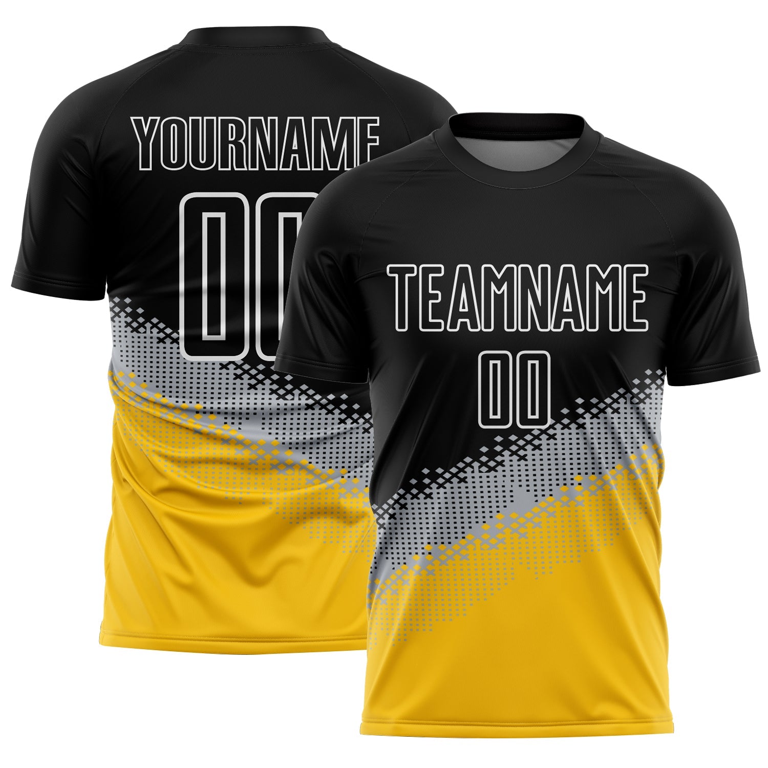 Custom Black Gray-Yellow Gradient Geometric Shape Sublimation Soccer Uniform Jersey - Main View