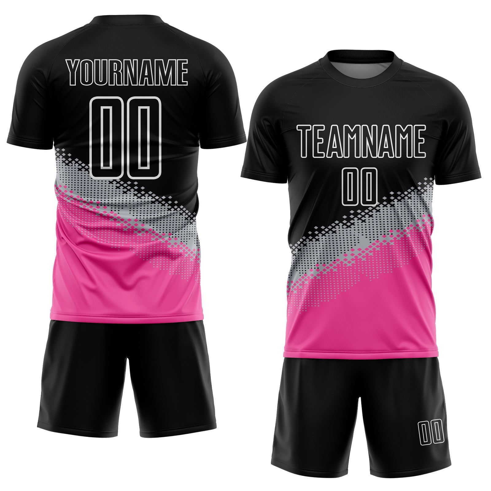 Custom Black Gray-Pink Gradient Geometric Shape Sublimation Soccer Uniform Jersey view 2