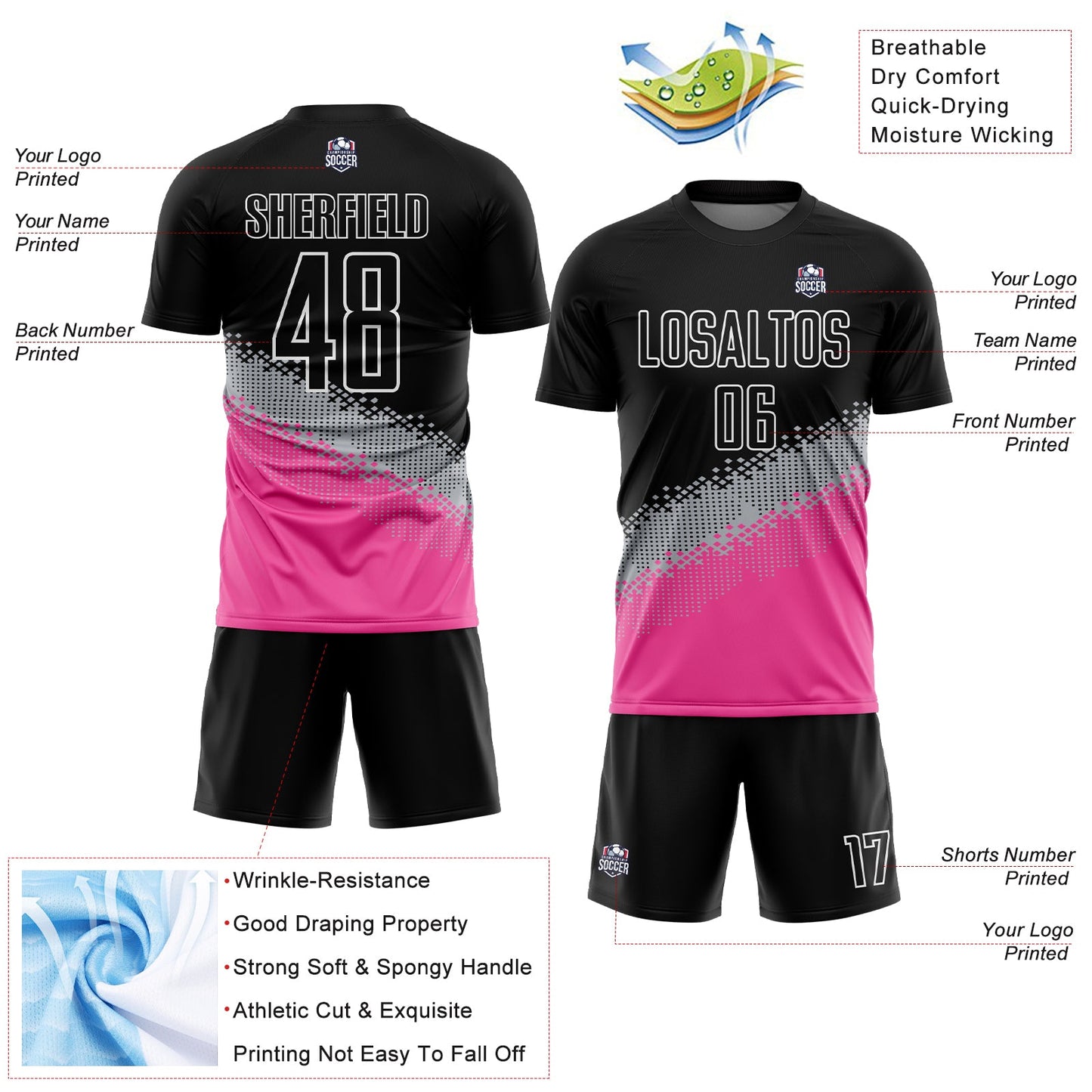 Custom Black Gray-Pink Gradient Geometric Shape Sublimation Soccer Uniform Jersey view 4