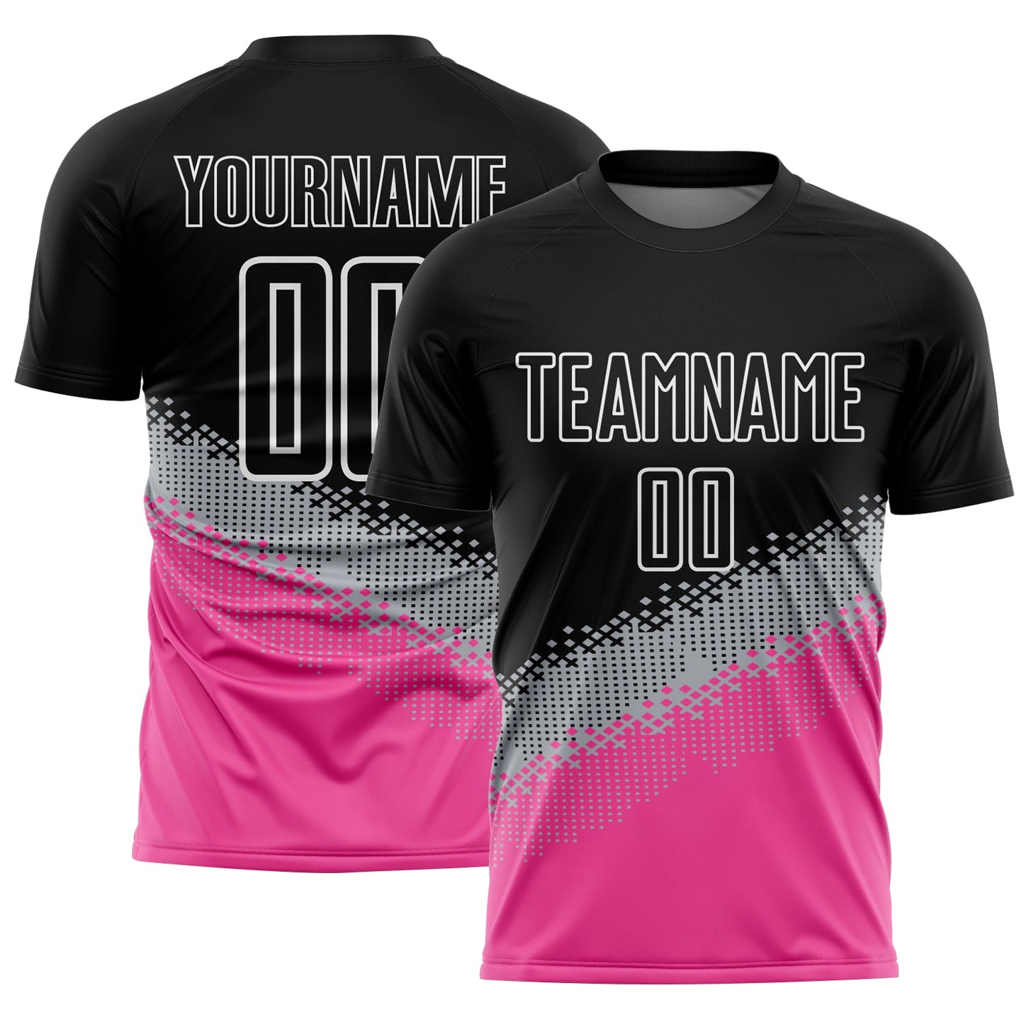 Custom Black Gray-Pink Gradient Geometric Shape Sublimation Soccer Uniform Jersey - Main View